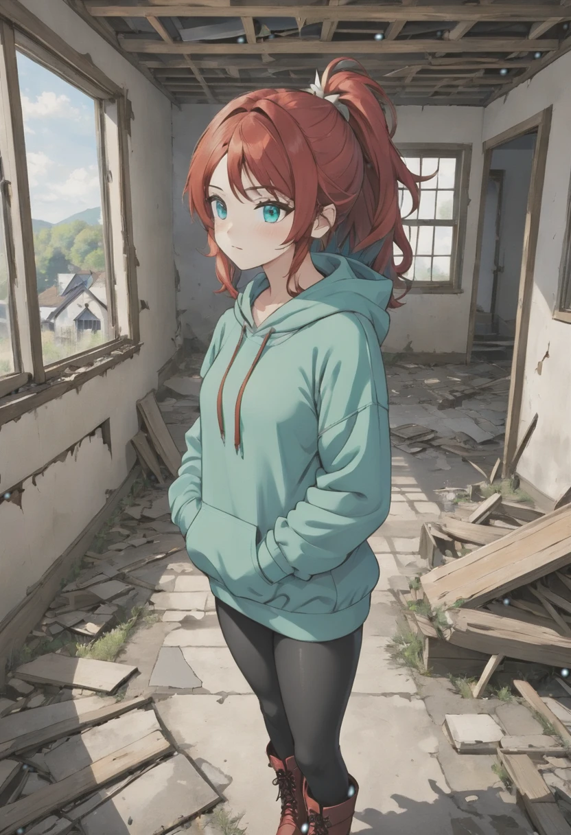 ((High quality)), ((Best quality)), ((Detail)), (Anime girl) with (spiky, long, ash-blonde hair with dyed red hair tips), (Blueish-Grey eyes), (Tan skin), (blushing), (wearing a green hoodie with black leggings and red boots), (Standing in a abandoned and broken down house, while looking at a window)