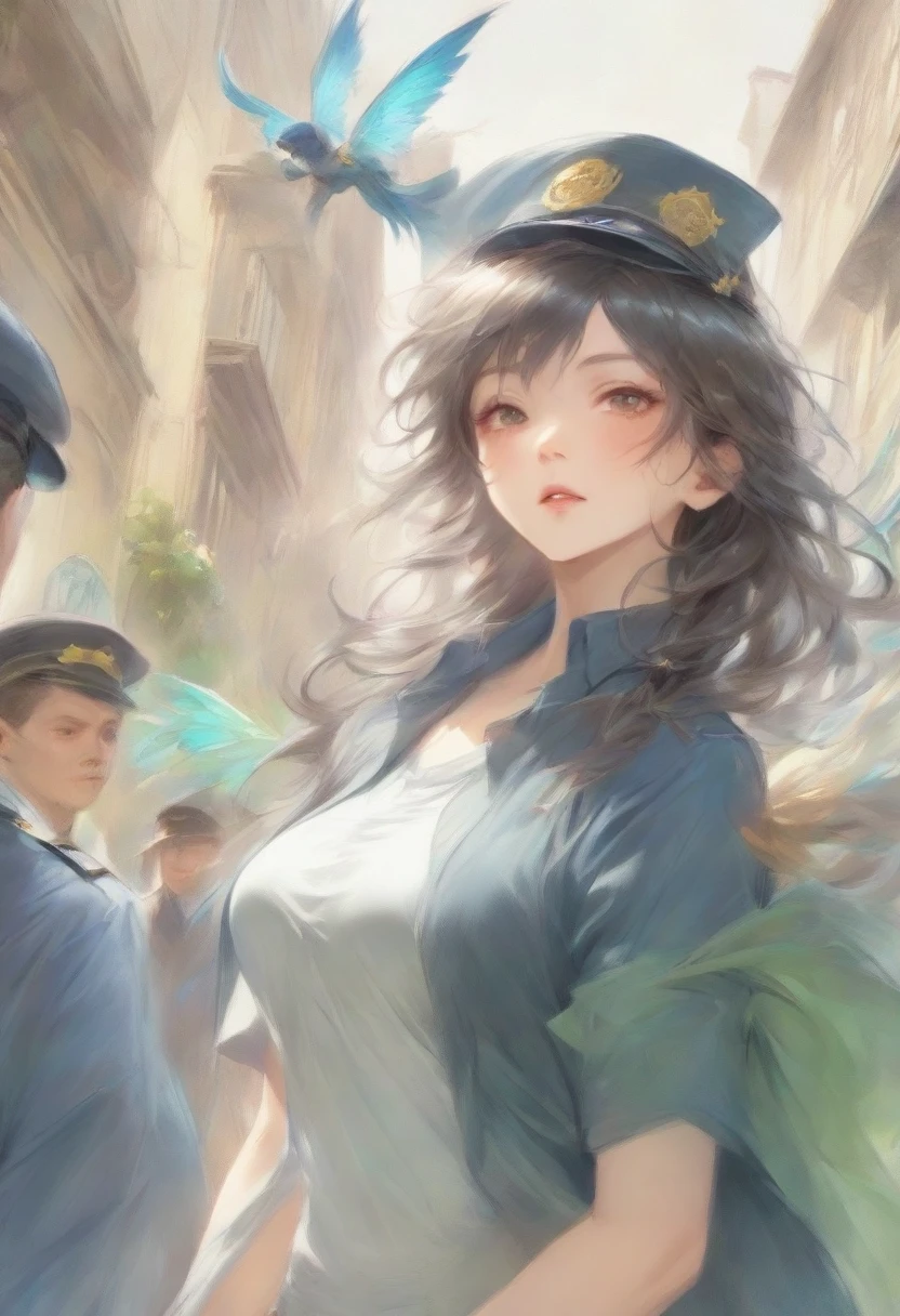 masterpiece, best quality, very aesthetic, absurdres, full body shot,(police costume:1.3), (button gap:0), police skirt, police cap, stockings with garter, on the crowed street, spirit of the wind, 1girl, byleth \(fire emblem\), fire emblem