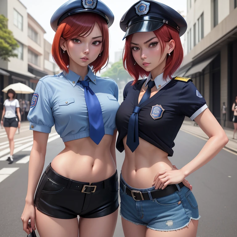Masterpiece, best quality, detailed face,2girls,hig ,kiss,Nishikino maki, short hair, blue shirt,half sleeves, necktie,earrings, black belt, tight white low shorts, midriff, standing,  police cap,in street, toned stomach, looking at viewer, serious face