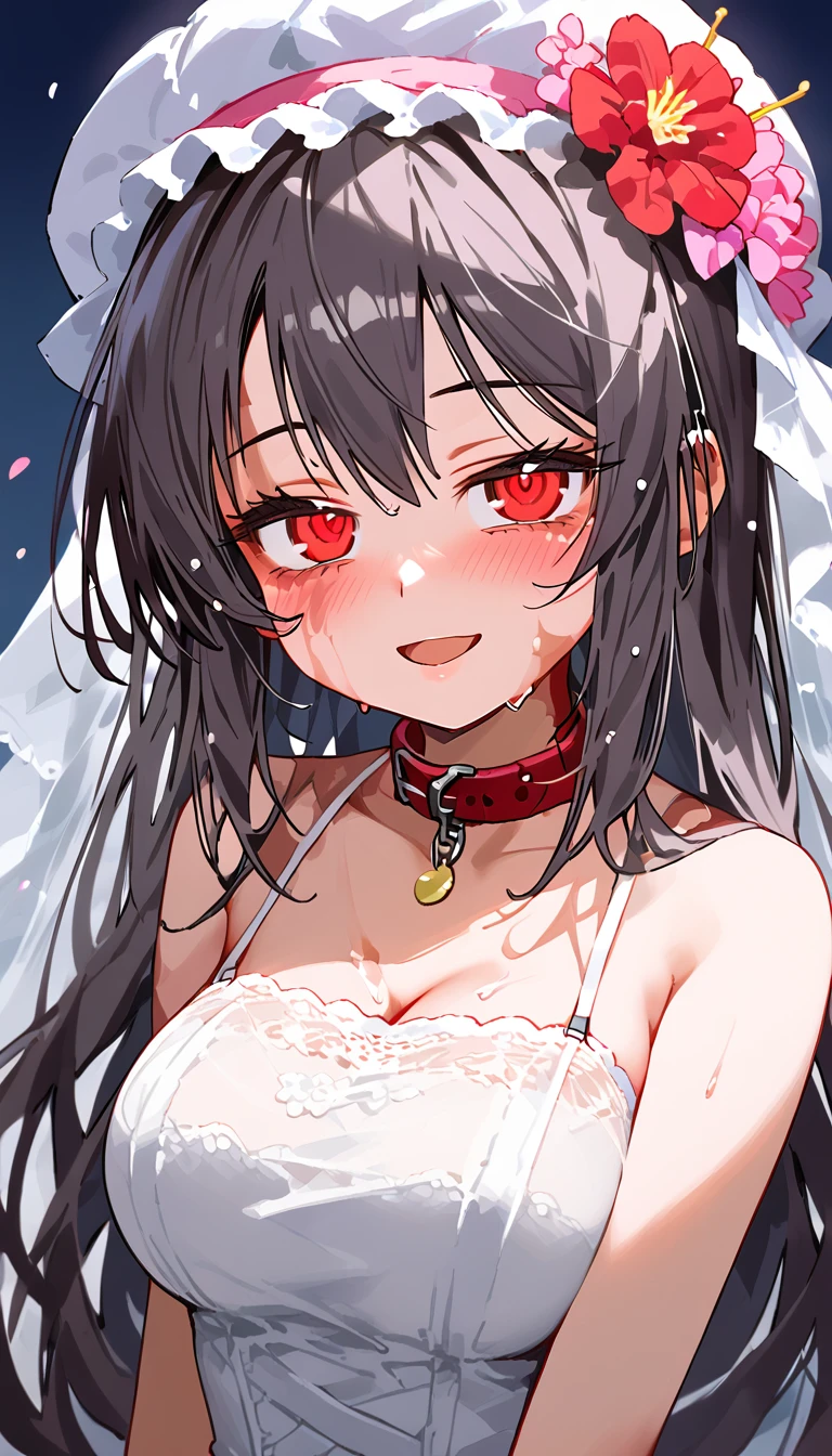 The focus is on one girl, (red eyes:1.3), collar, overall details, Miko, (masterpiece, that&#39;That&#39;s ridiculous), sauce_japanese manga, big breasts, dark gray hair, long hair, bags under eyes, scar, burn scar, side shot, adorable, My cheeks turned red, Dementia smile, close your eyes, open your mouth, White lace mini skirt wedding dress, have flowers, Wet skirt hem, Sticky panties, white lace stockings, Wedding Food, full body view, throw, highest quality, rough skin, masterpiece, UHD, 8K