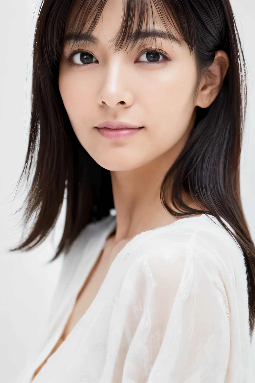 ((highest quality, 8K, masterpiece:1.3)), ultra high resolution, (photorealistic:1.4), raw photos, Skinny Japanese woman, age 30s, Cute face, (detailed face), (detailed eyes), (Highly detailed skin texture), black straight hair, shot from behind, actress, white blouse