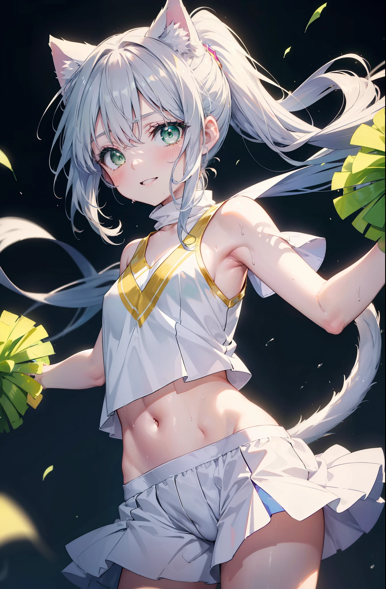 index, index, (green eyes:1.5), silver hair, long hair, (flat chest:1.2),ponytail,smile,blush,open your mouth,(cheer leading), (whole body),animal ears　 Cat ear,Animal tail　cat tail,lower, (sweaty), sweaty Wet Clothes, (white clothes), , Navel support, playground, (jump), (jump), 足を曲げてjumpする, air, blue sky, Grass原, smile,Cheerleader, pom pom \(cheer leading\), Grass, smile, 
break looking at viewer, Upper body, whole body,
break indoors, stadium,
break (masterpiece:1.2), highest quality, High resolution, unity 8k wallpaper, (figure:0.8), (detailed and beautiful eyes:1.6), highly detailed face, perfect lighting, Very detailed CG, (perfect hands, perfect anatomy),