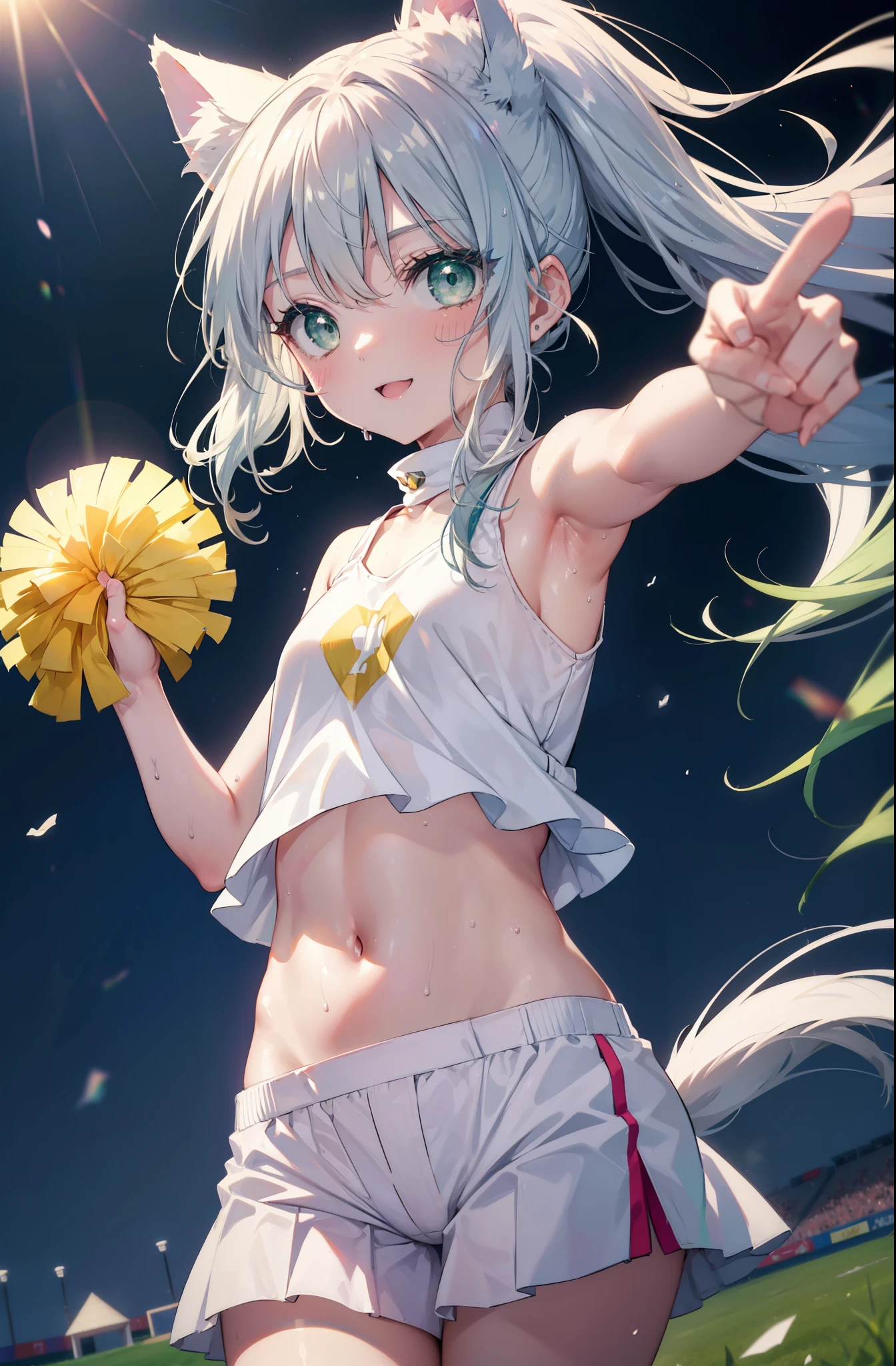 index, index, (green eyes:1.5), silver hair, long hair, (flat chest:1.2),ponytail,smile,blush,open your mouth,(cheer leading), (whole body),animal ears　 Cat ear,Animal tail　cat tail,lower, (sweaty), sweaty Wet Clothes, (white clothes), , Navel support, playground, (jump), (jump), 足を曲げてjumpする, air, blue sky, Grass原, smile,Cheerleader, pom pom \(cheer leading\), Grass, smile, 
break looking at viewer, Upper body, whole body,
break indoors, stadium,
break (masterpiece:1.2), highest quality, High resolution, unity 8k wallpaper, (figure:0.8), (detailed and beautiful eyes:1.6), highly detailed face, perfect lighting, Very detailed CG, (perfect hands, perfect anatomy),