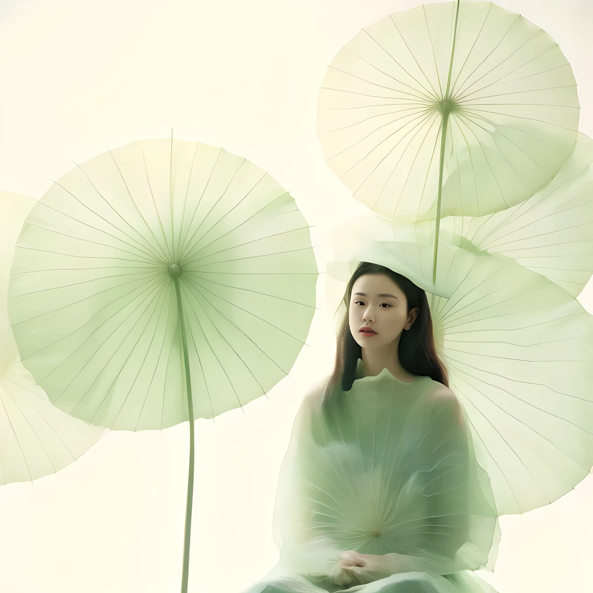 A woman sitting on a stool，With an umbrella on his head, Under the big green umbrella, Still photography, Inspired by Miwa Komatsu, parasol, Eiko Ishioka, Kurumada Masami, Kimitake Yoshioka, bark, Publicity photos, Inspired by large bamboo leaves, Issey Miyake，1 girl，solo，Giant lotus leaf，black hair，dress，looking at the audience，white dress，bun，sitting，South bun，Leaves，long sleeves，red lips，Realistic