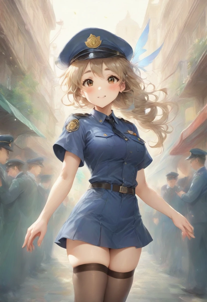 masterpiece, best quality, very aesthetic, absurdres, full body shot,(police costume:1.3), (button gap:0), police skirt, police cap, stockings with garter, on the crowed street, spirit of the wind, 1girl, kotobuki tsumugi, k-on!