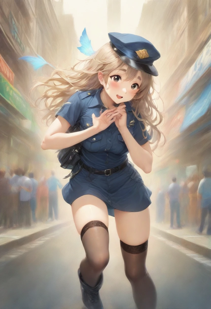 masterpiece, best quality, very aesthetic, absurdres, full body shot,(police costume:1.3), (button gap:0), police skirt, police cap, stockings with garter, on the crowed street, spirit of the wind, 1girl, kotobuki tsumugi, k-on!
