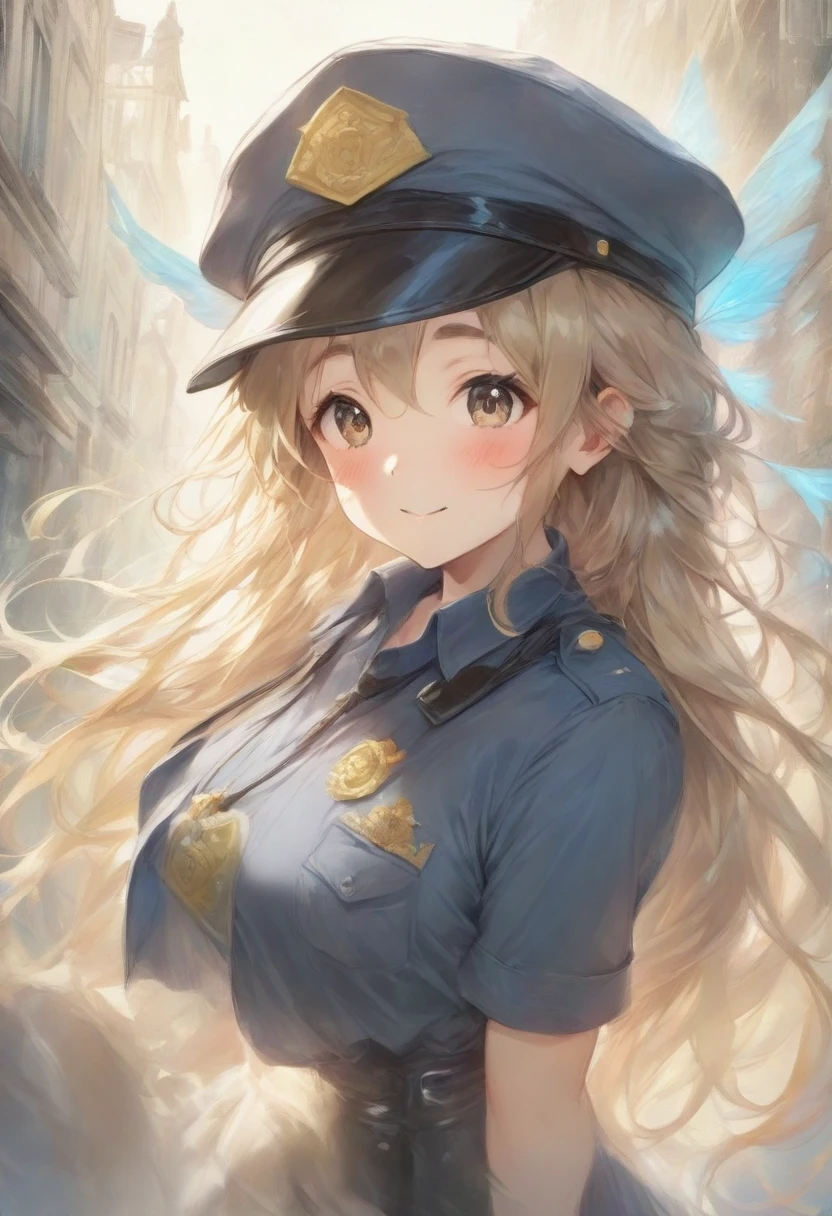 masterpiece, best quality, very aesthetic, absurdres, full body shot,(police costume:1.3), (button gap:0), police skirt, police cap, stockings with garter, on the crowed street, spirit of the wind, 1girl, kotobuki tsumugi, k-on!
