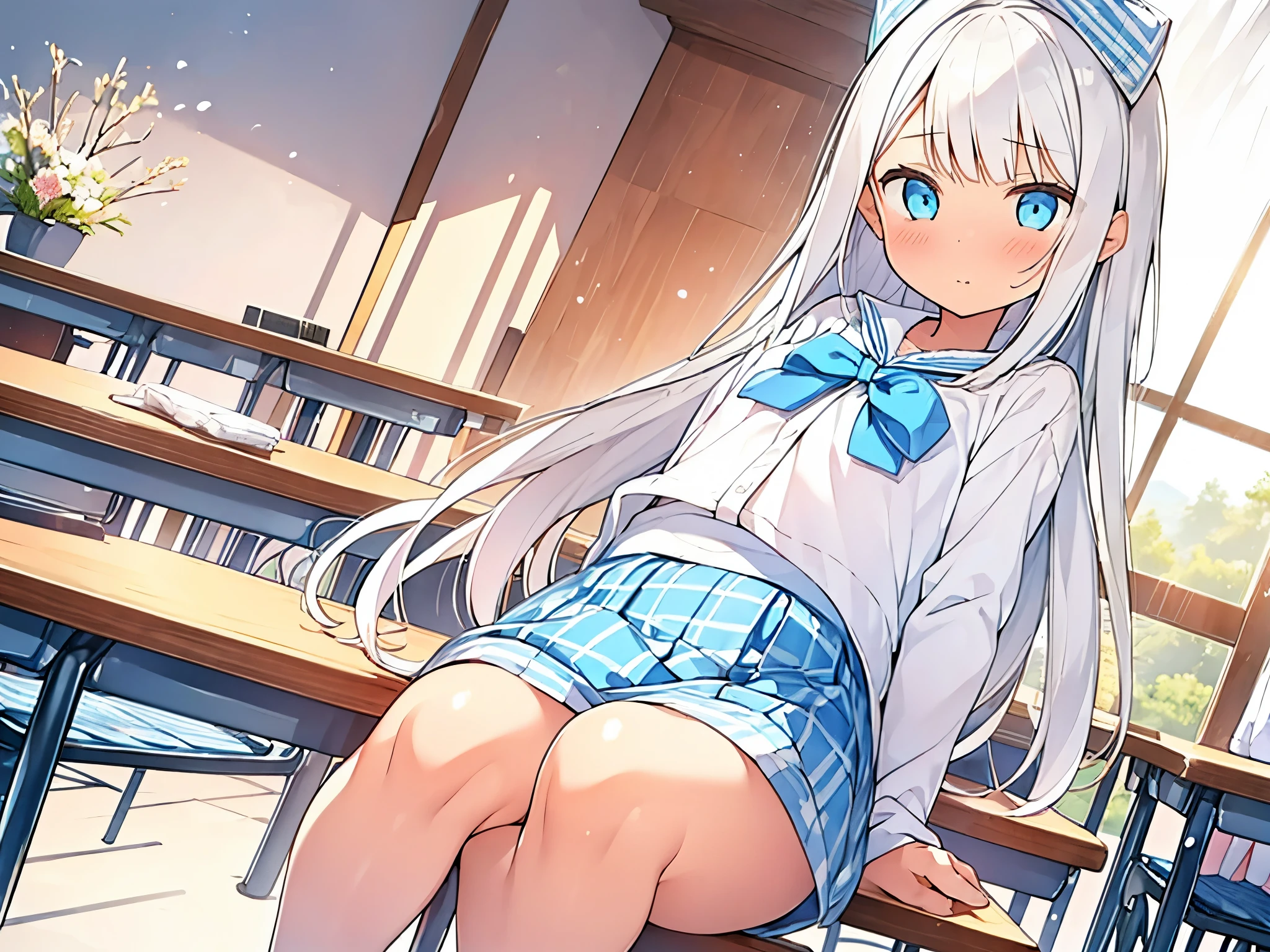 1 girl white hair with ribbon decorations on her head blue eyes in School Bloomers Women with white mayas at home