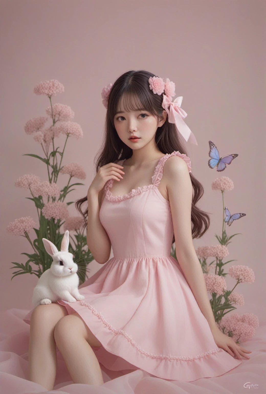 Arapé girl wearing a pink dress sitting in a flower field, ultrarealistic sweet bunny girl, 🌺 CG Society, fairy core, Guweizu, Exciting and cute aesthetics, Pink pastels, artwork in the style of Guweizu, bunny girl, Smooth animated illustrations, dressed up, pastel pink, april'expression, Cute realistic portrait,high quality,masterpiece