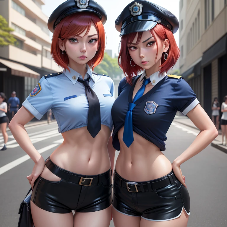 Masterpiece, best quality, detailed face,2girls,hig ,kiss,Nishikino maki, short hair, blue shirt,half sleeves, necktie,earrings, black belt, tight white low shorts, midriff, standing,  police cap,in street, toned stomach, looking at viewer, serious face