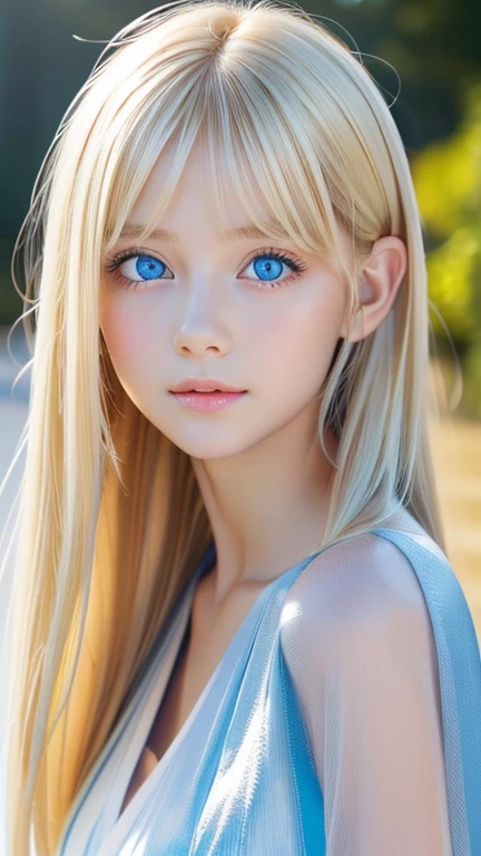 A beautiful Scandinavian girl with shining blonde hair、Transparent white glossy skin、Wind blonde gets in the way in front of a cute face、huge 、Cute little beautiful face of 20 years old、Beautiful straight blonde silky hair that stands out、blonde hair above the eyes、Big, bright, light blue eyes that shine beautifully、very big eyes、long silky bangs that cover cute eyes, Sexy face-hiding hair, super long blonde hair、Sexy cute young woman、Super long blonde with shiny light blonde hair、small face beautiful girl、very white shiny skin、Beautiful highlights for big eyes