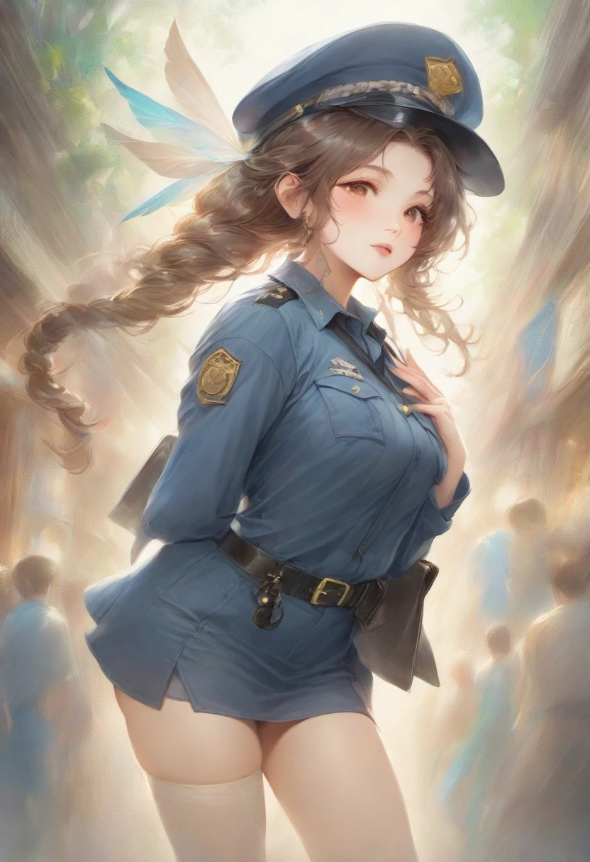 masterpiece, best quality, very aesthetic, absurdres, full body shot,(police costume:1.3), (button gap:0), police skirt, police cap, stockings with garter, on the crowed street, spirit of the wind, 1girl, aerith gainsborough, final fantasy