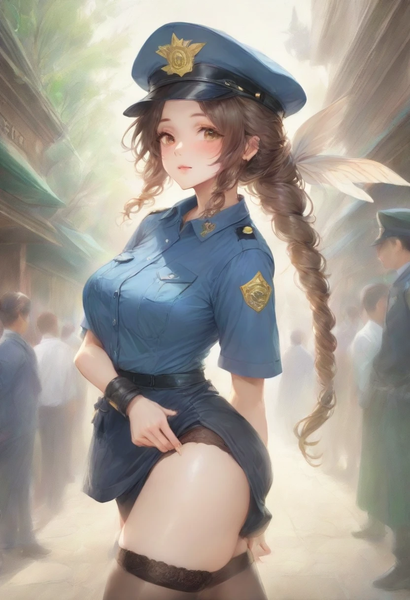 masterpiece, best quality, very aesthetic, absurdres, full body shot,(police costume:1.3), (button gap:0), police skirt, police cap, stockings with garter, on the crowed street, spirit of the wind, 1girl, aerith gainsborough, final fantasy