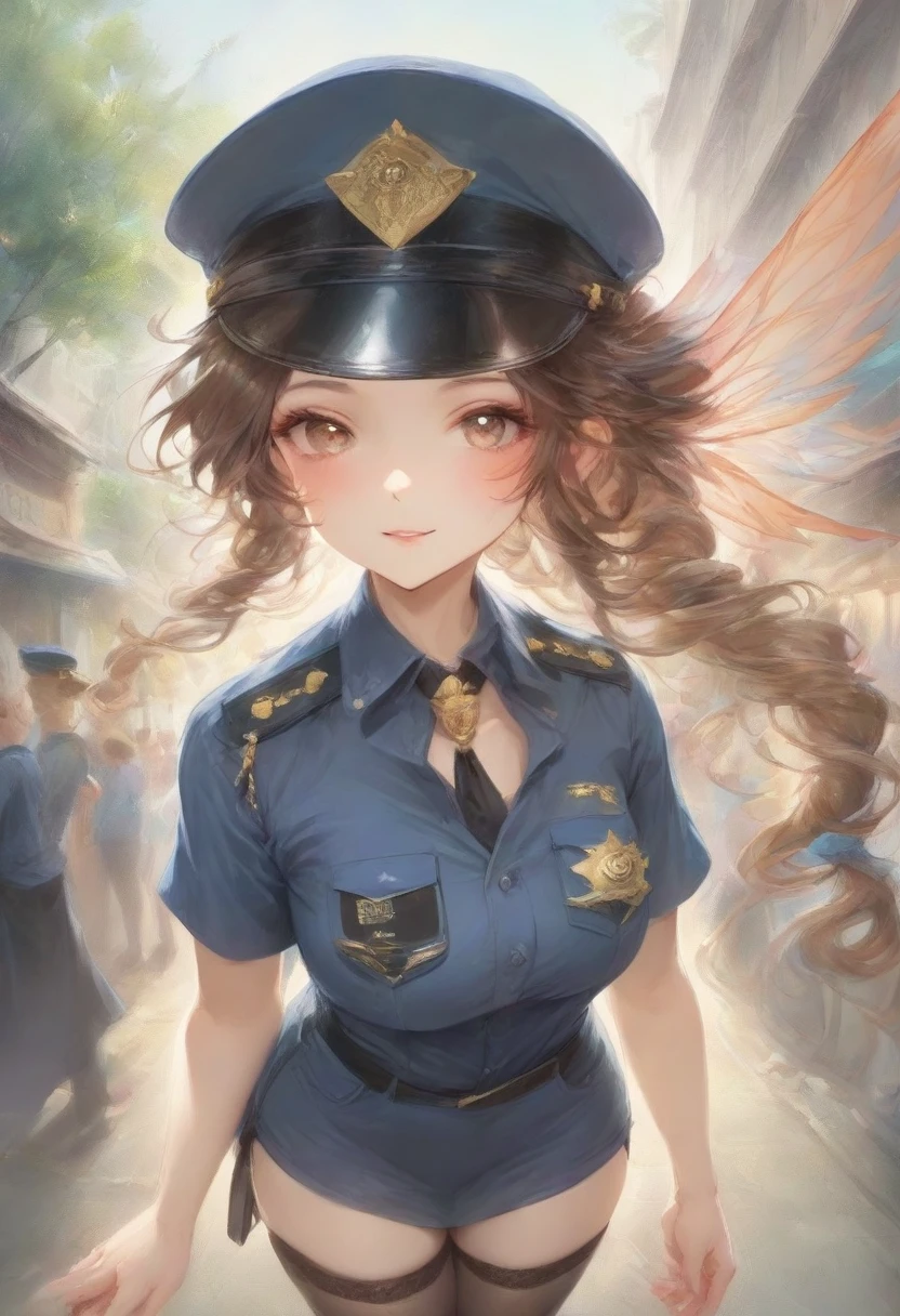 masterpiece, best quality, very aesthetic, absurdres, full body shot,(police costume:1.3), (button gap:0), police skirt, police cap, stockings with garter, on the crowed street, spirit of the wind, 1girl, aerith gainsborough, final fantasy
