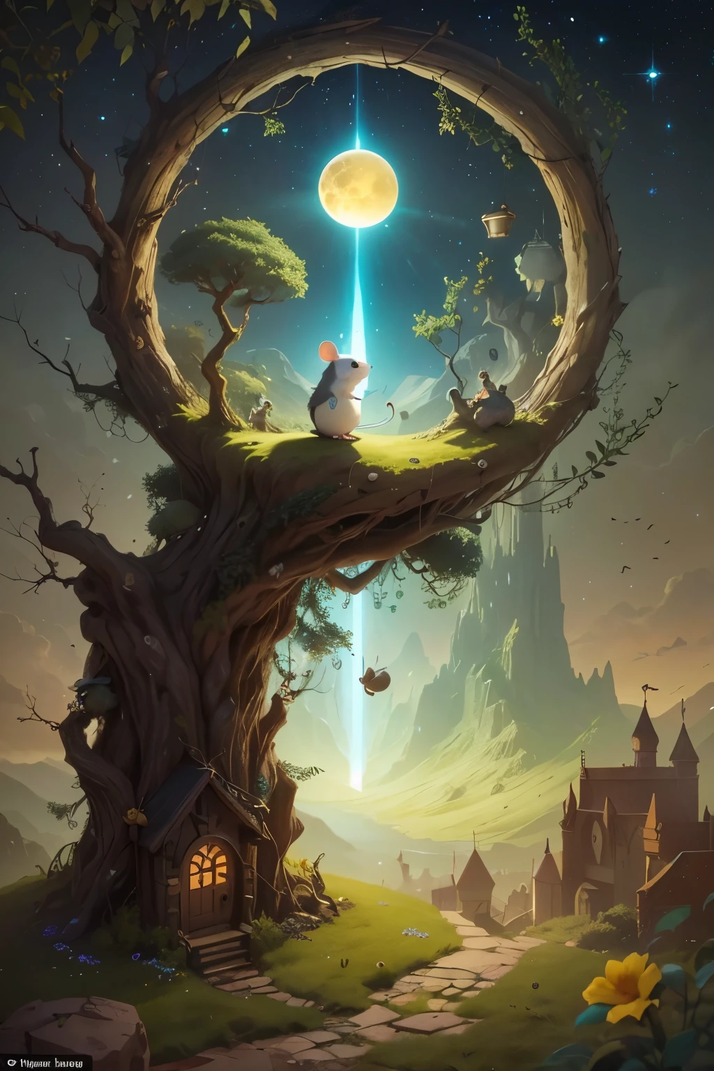 A cute little mousey nose, a small hanging bell, And the lord of creation called out to his meekest creation the diminutive door mouse and said "Go out and strike the mighty gong of the world with all your might, and the door mouse did as he was commanded and crept out of his safe hiding hole along his way to his favorite seed feeding grounds he crept up to the nearest fruiting bush nibbled on a group of seeds one of which fell to the ground with the slightest tremor upon a small pebble and started the mightiest roar of existence and sound from that worldly bell.