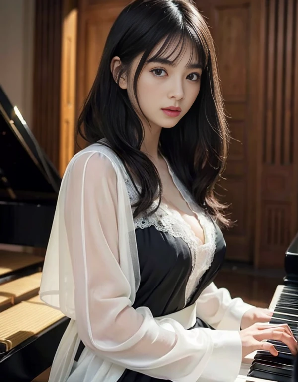 (1 girl)、best quality、masterpiece、ultra high resolution、(Photo realism:1.4)、original photo,there is a woman that is playing a pianoin a room, playing piano, piano家, pianoin the background, (客廳內1 girl面向黑色的piano、Straight, black hair、Delicate hair details)、(客廳內一部黑色piano、Girl fingers on piano keys、Delicate finger details)shadow、octane rendering、8K、Super sharp、(breast、long sleeve、White tulle、portrait、silk pajamas、Delicate silk details)、(Girl playing piano fingers、Very fine finger details) , beautiful woman, Perfectly detailed, mesmerizing and seductive, real pianos, piano, full piano, Beautiful asian girl, Serenity and elegance, Excellent composition,