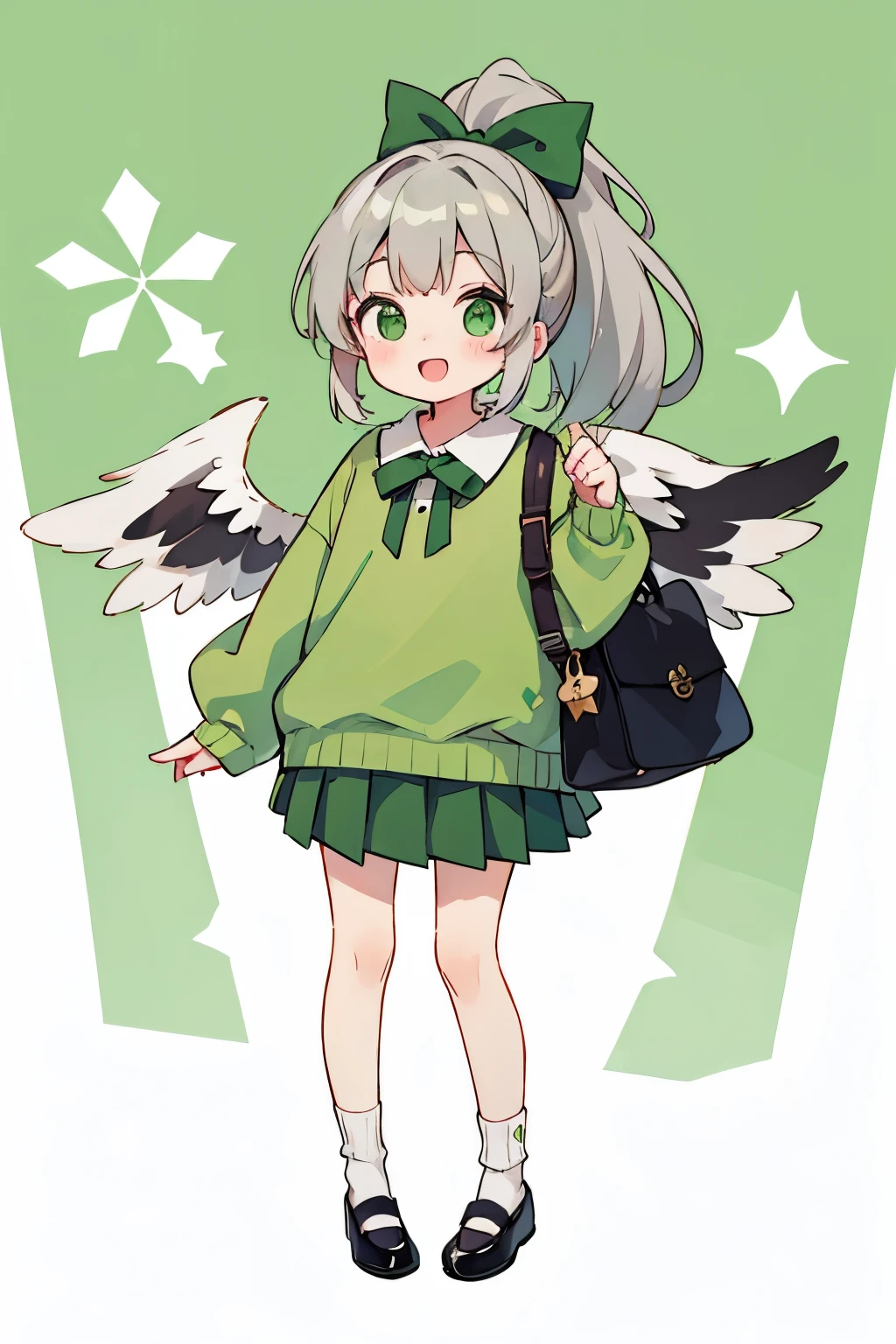 1chibi girl, green_sweater, green_eyes, skirt, bag, wings, ponytail, long_hair, smile, solo, sweater, full_body, shoes, open_mouth, socks, pleated_skirt, black_footwear, looking_at_viewer, green_hair, blush, white_skirt, bow, shirt, long_sleeves, bangs, charm_(object), standing, grey_hair, white_socks