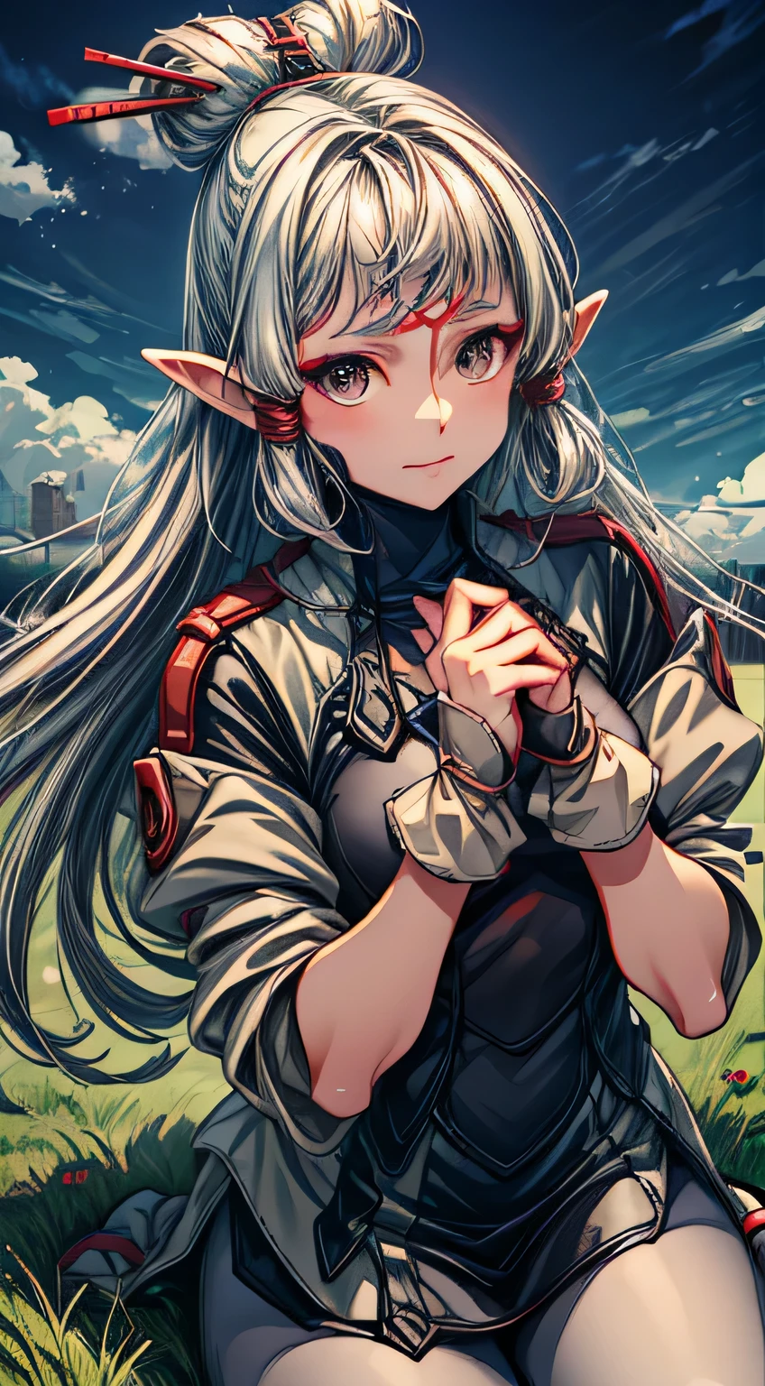 paya, cute elf, wariza,grass,sky,smile, intricate eyes,beautiful detailed eyes,symmetrical eyes,big eyes:1.5, (ultra detailed,extremely detailed),(photorealistic artwork:1.37),(extremely detailed CG unity 8k wallpaper),(((vibrant colors,vibrant theme))),(intricate),(masterpiece),(best quality), dress, uniform, pantyhose,