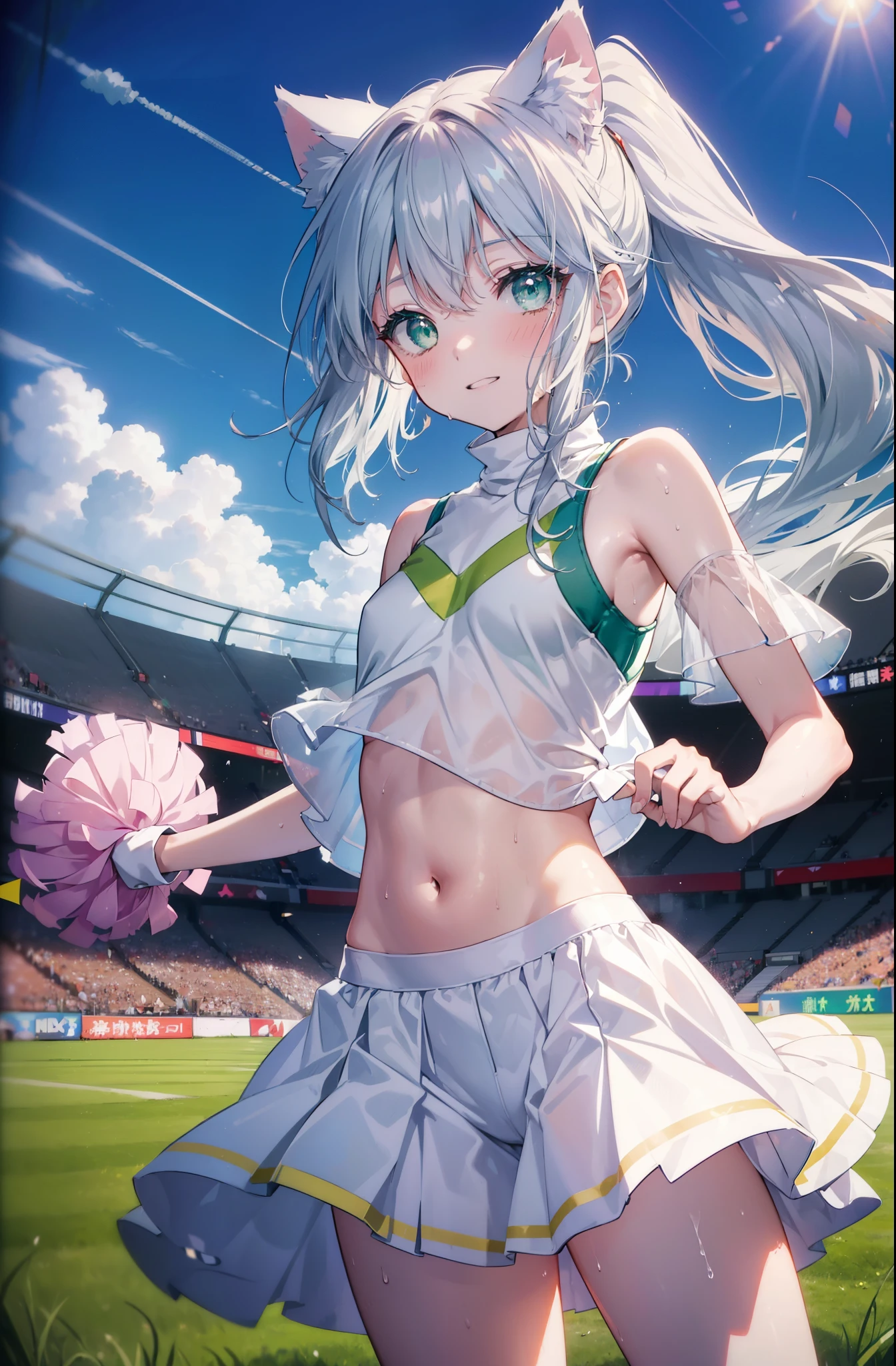 index, index, (green eyes:1.5), silver hair, long hair, (flat chest:1.2),ponytail,smile,blush,open your mouth,(cheer leading), (whole body),animal ears　 Cat ear,Animal tail　cat tail,lower, (sweaty), sweaty Wet Clothes, (white clothes), , Navel support, playground, (jump), (jump), 足を曲げてjumpする, air, blue sky, Grass原, smile,Cheerleader, pom pom \(cheer leading\), Grass, smile, 
break looking at viewer, Upper body, whole body,
break indoors, stadium,
break (masterpiece:1.2), highest quality, High resolution, unity 8k wallpaper, (figure:0.8), (detailed and beautiful eyes:1.6), highly detailed face, perfect lighting, Very detailed CG, (perfect hands, perfect anatomy),