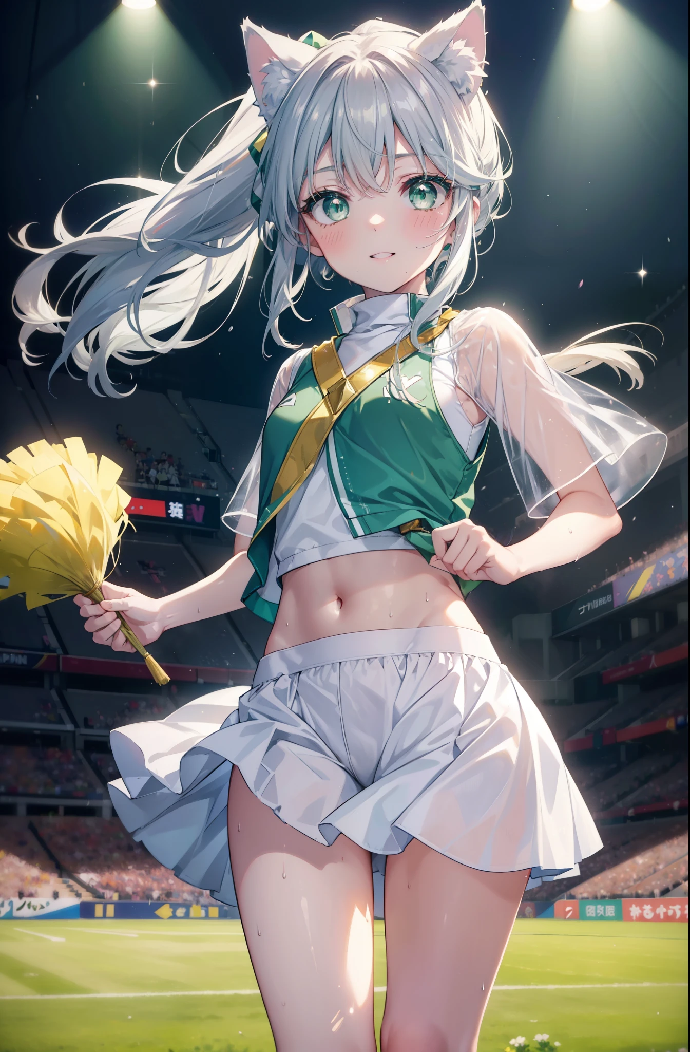 index, index, (green eyes:1.5), silver hair, long hair, (flat chest:1.2),ponytail,smile,blush,open your mouth,(cheer leading), (whole body),animal ears　 Cat ear,Animal tail　cat tail,lower, (sweaty), sweaty Wet Clothes, (white clothes), , Navel support, playground, (jump), (jump), 足を曲げてjumpする, air, blue sky, Grass原, smile,Cheerleader, pom pom \(cheer leading\), Grass, smile, 
break looking at viewer, Upper body, whole body,
break indoors, stadium,
break (masterpiece:1.2), highest quality, High resolution, unity 8k wallpaper, (figure:0.8), (detailed and beautiful eyes:1.6), highly detailed face, perfect lighting, Very detailed CG, (perfect hands, perfect anatomy),