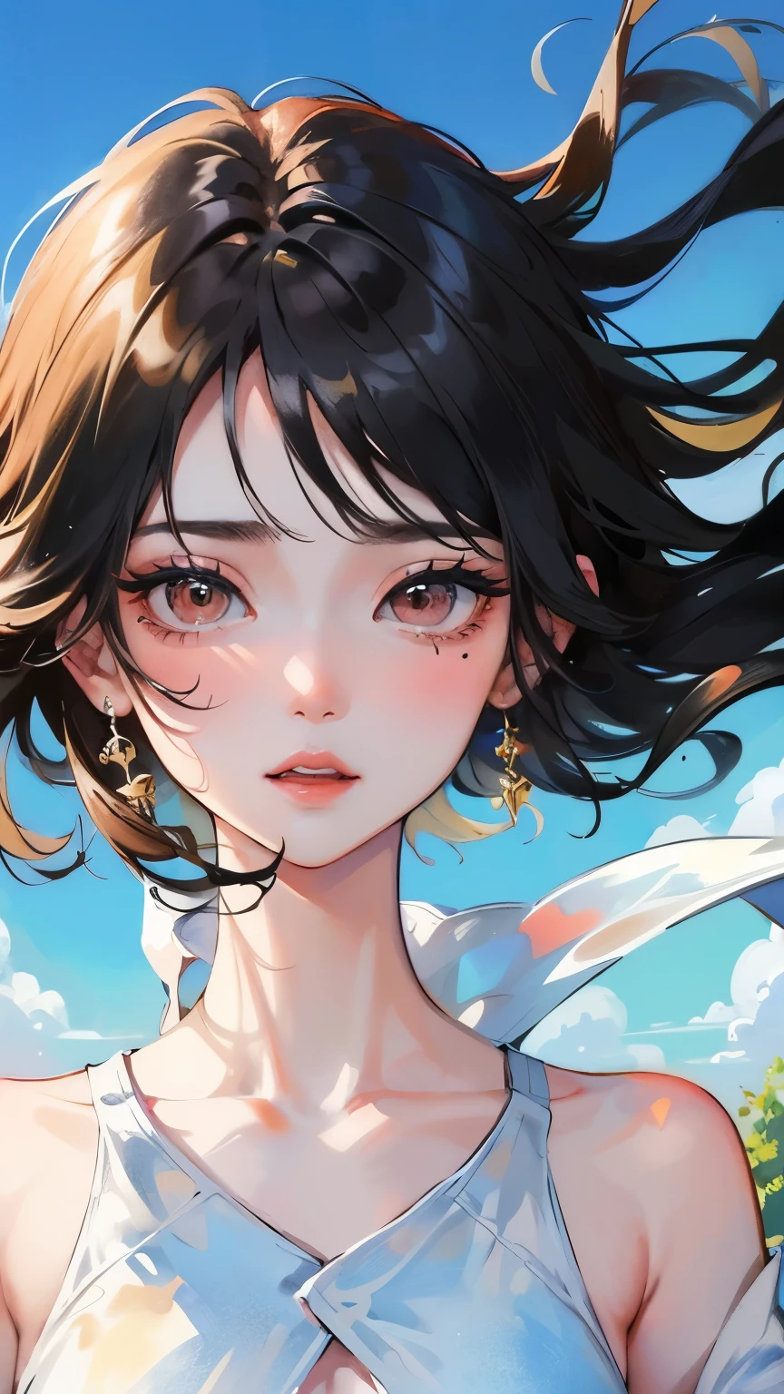 young girl black hair short hair red eyes irreverent face look down thin body thin thighs small breasts small ass toned body blue sky cloud hair blowing in the wind high quality High resolution 8K vampire watercolor natural feel bridge of the nose ((最high quality)), ((masterpiece)), (get used to it), dignified face grassland close up of face Beautiful as a goddess whole face lipstick eye shadow naked ID photo style long eyelashes Accurate No decoration Bare skin No accessories In underwear 8 life size can'I can' landscape painting See-through creative Princess Peach landscape