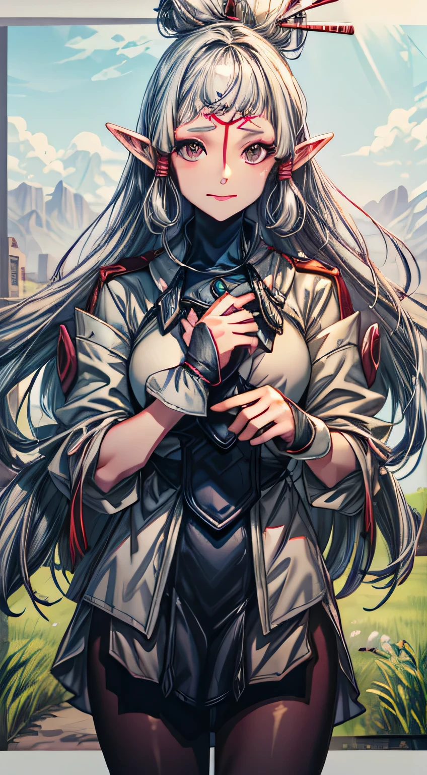 paya, cute elf, wariza,grass,sky,smile, intricate eyes,beautiful detailed eyes,symmetrical eyes,big eyes:1.5, (ultra detailed,extremely detailed),(photorealistic artwork:1.37),(extremely detailed CG unity 8k wallpaper),(((vibrant colors,vibrant theme))),(intricate),(masterpiece),(best quality), dress, uniform, pantyhose,