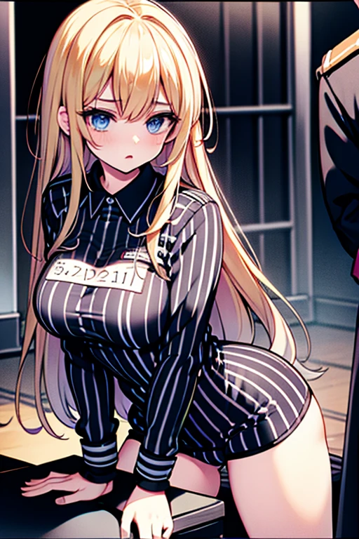 blonde hair, long hair, blue eyes, black and white striped jumpsuit, prison uniform, prisoner, prisoned, jailed, jail cell, huge breasts