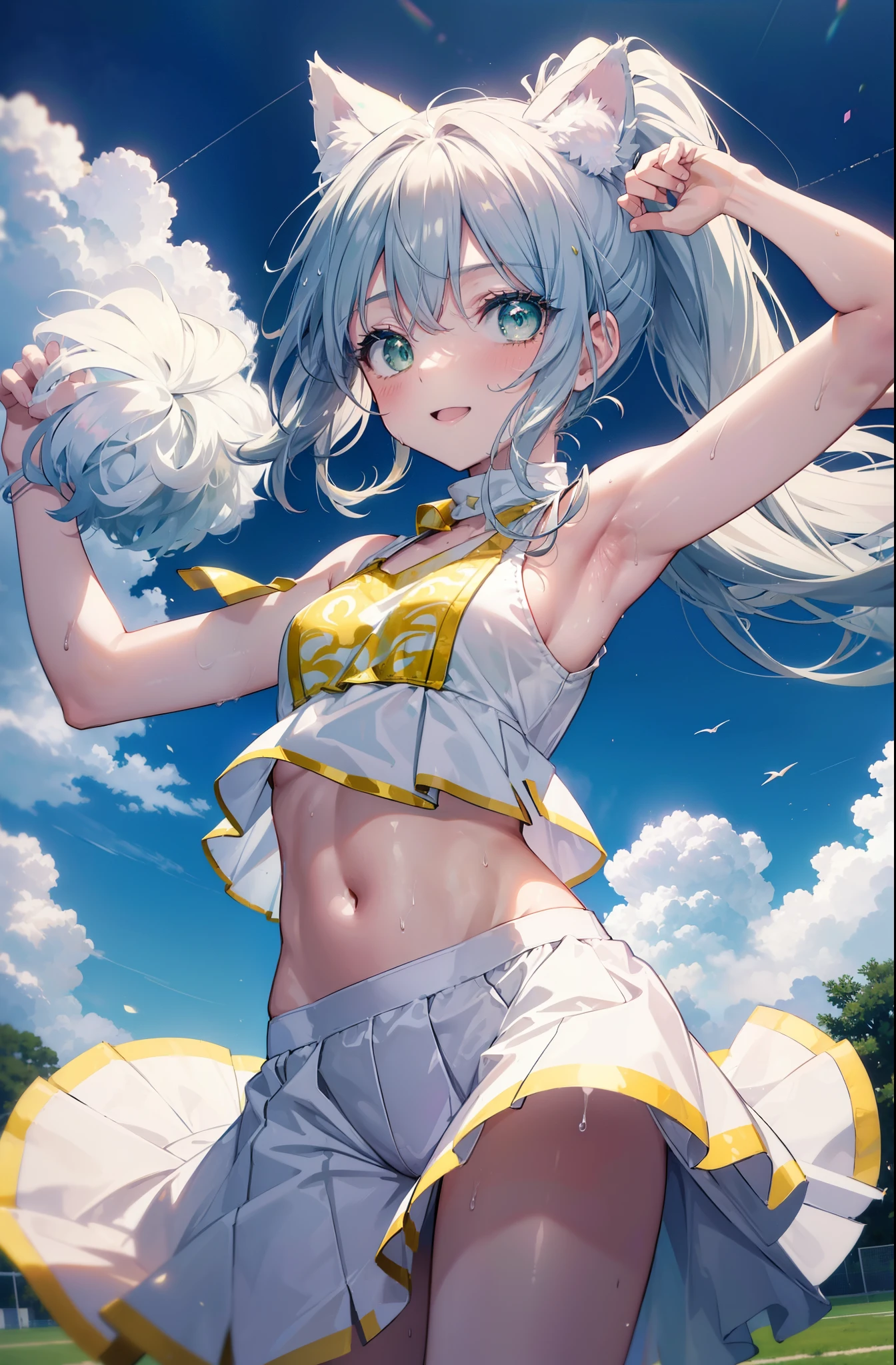 index, index, (green eyes:1.5), silver hair, long hair, (flat chest:1.2),ponytail,smile,blush,open your mouth,(cheer leading), (whole body),animal ears　 Cat ear,Animal tail　cat tail,lower, (sweaty), sweaty Wet Clothes, (white clothes), , Navel support, playground, (jump), (jump), 足を曲げてjumpする, air, blue sky, Grass原, smile,Cheerleader, pom pom \(cheer leading\), Grass, smile, 
break looking at viewer, Upper body, whole body,
break indoors, stadium,
break (masterpiece:1.2), highest quality, High resolution, unity 8k wallpaper, (figure:0.8), (detailed and beautiful eyes:1.6), highly detailed face, perfect lighting, Very detailed CG, (perfect hands, perfect anatomy),