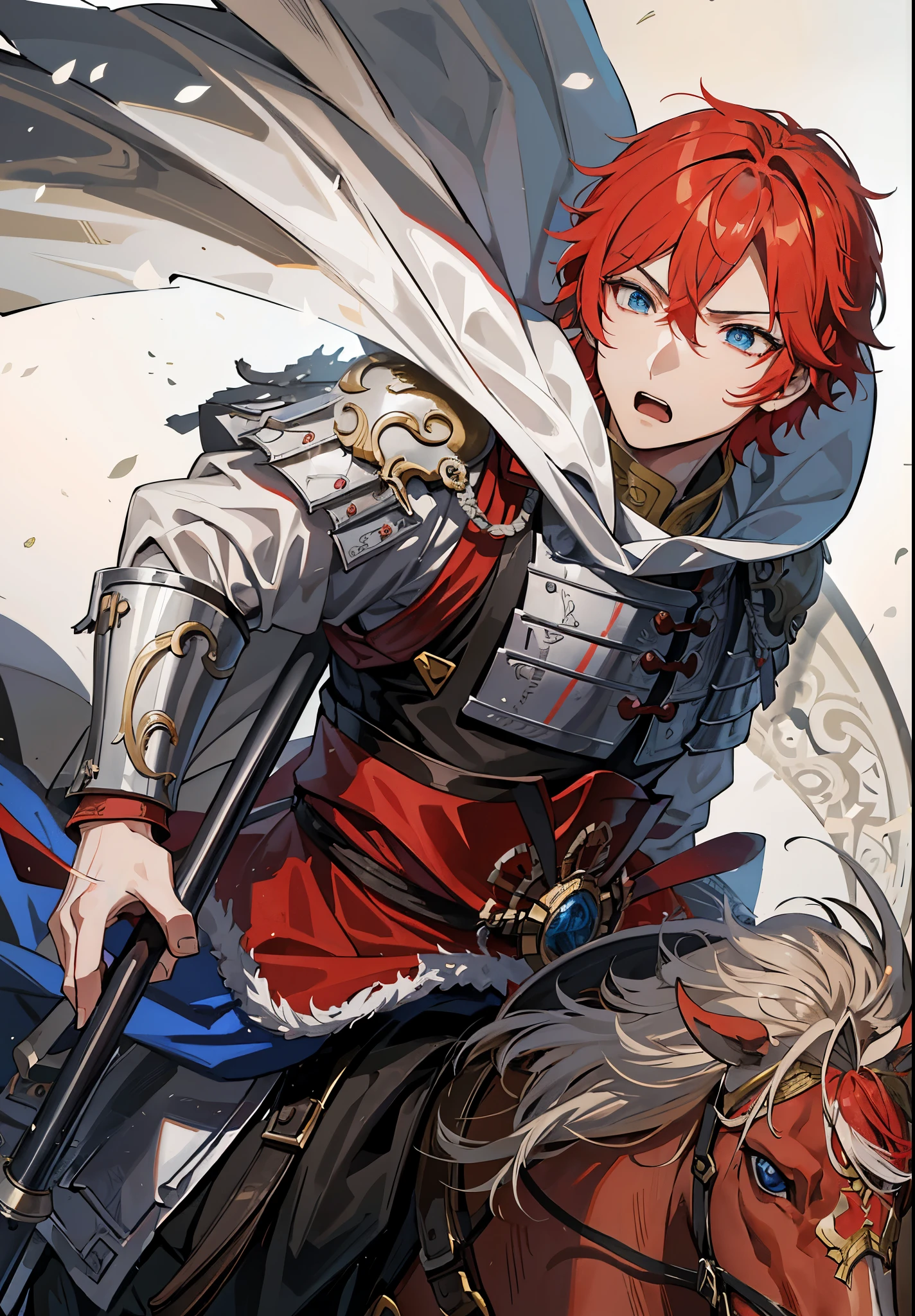 Red-haired anime character riding a red horse,手拿长枪骑着红马的handsome guy,Inspired by Zhao Yun,Inspired by the red-haired Chinese warrior Jiang Wei from Dynasty Warriors, fantasy style anime, wearing shining armor, 先进的数字动漫艺术”Anime Fantasy Artwork, Detailed anime character art, 斩妖除魔艺术中的handsome guy, shadow poetry style, wearing shining plate armor, Anime Fantasy Illustration, zero art, Anime Fantasy Artwork,Three Kingdoms style,Dynasty Warriors style,blue eyes,Red eyebrows,Dark red eyelashes,young general,Wearing a Chinese style helmet,handsome guy,Zhao Yun's helmet,The expression is slightly serious,Drinking the enemy,Left hand raised