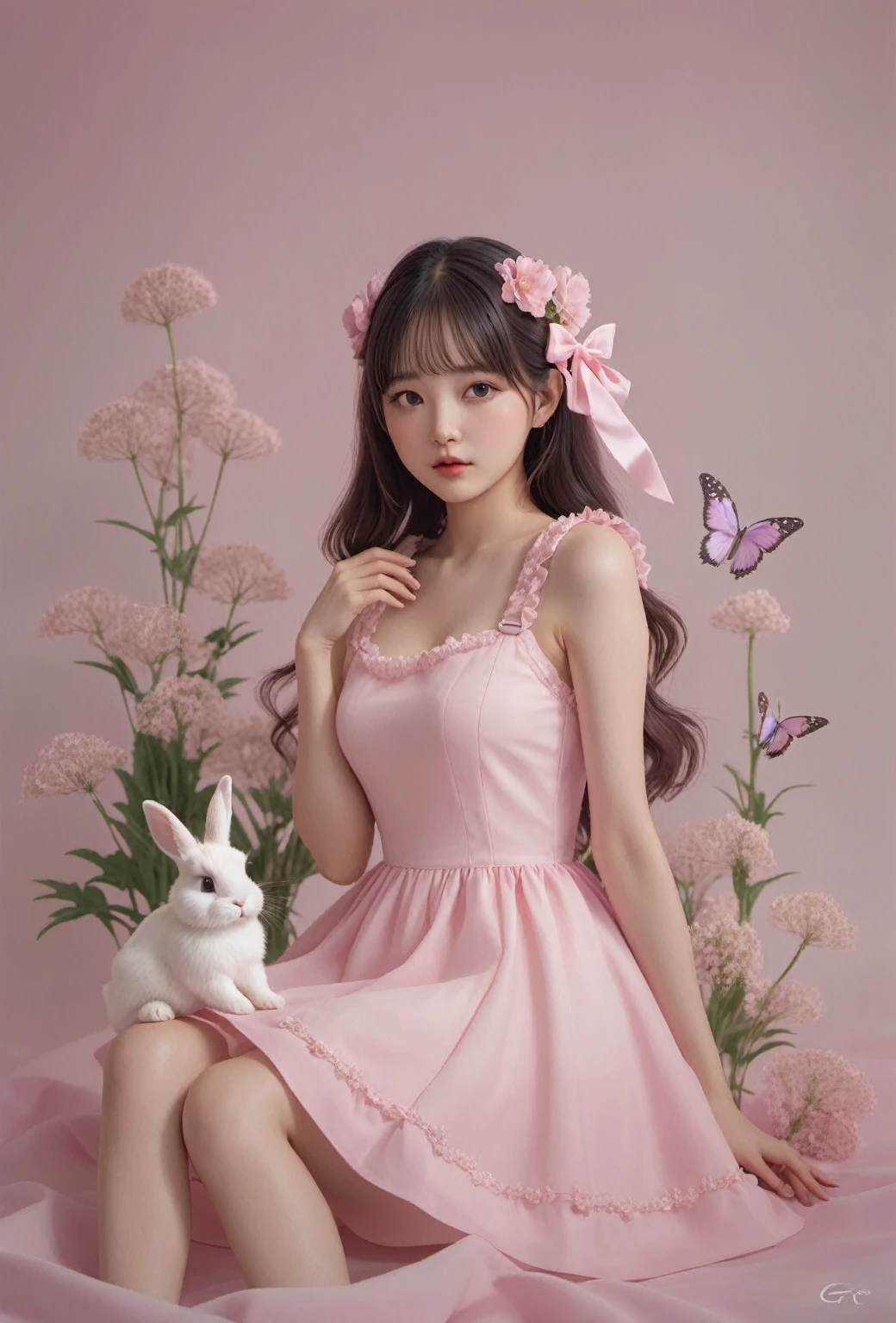 Arapé girl wearing a pink dress sitting in a flower field, ultrarealistic sweet bunny girl, 🌺 CG Society, fairy core, Guweizu, Exciting and cute aesthetics, Pink pastels, artwork in the style of Guweizu, bunny girl, Smooth animated illustrations,  dressed up, pastel pink, april&#39;expression, Cute realistic portrait,high quality,masterpiece