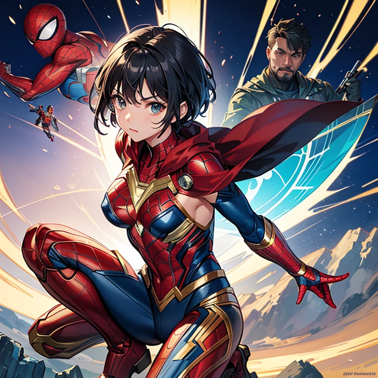 Create a whole body figure of a comic character with features coming from different heroes like spider man, super man iron man and wonder woman while the character is holding a barbel