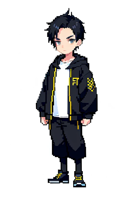 Pixel art style,8k,anime, boy, oversized hoodie, black clothing, standing straight, black pants, spiky hair, forehead showing, no bangs, Short hair, very short hair, boy hair, boy cut,