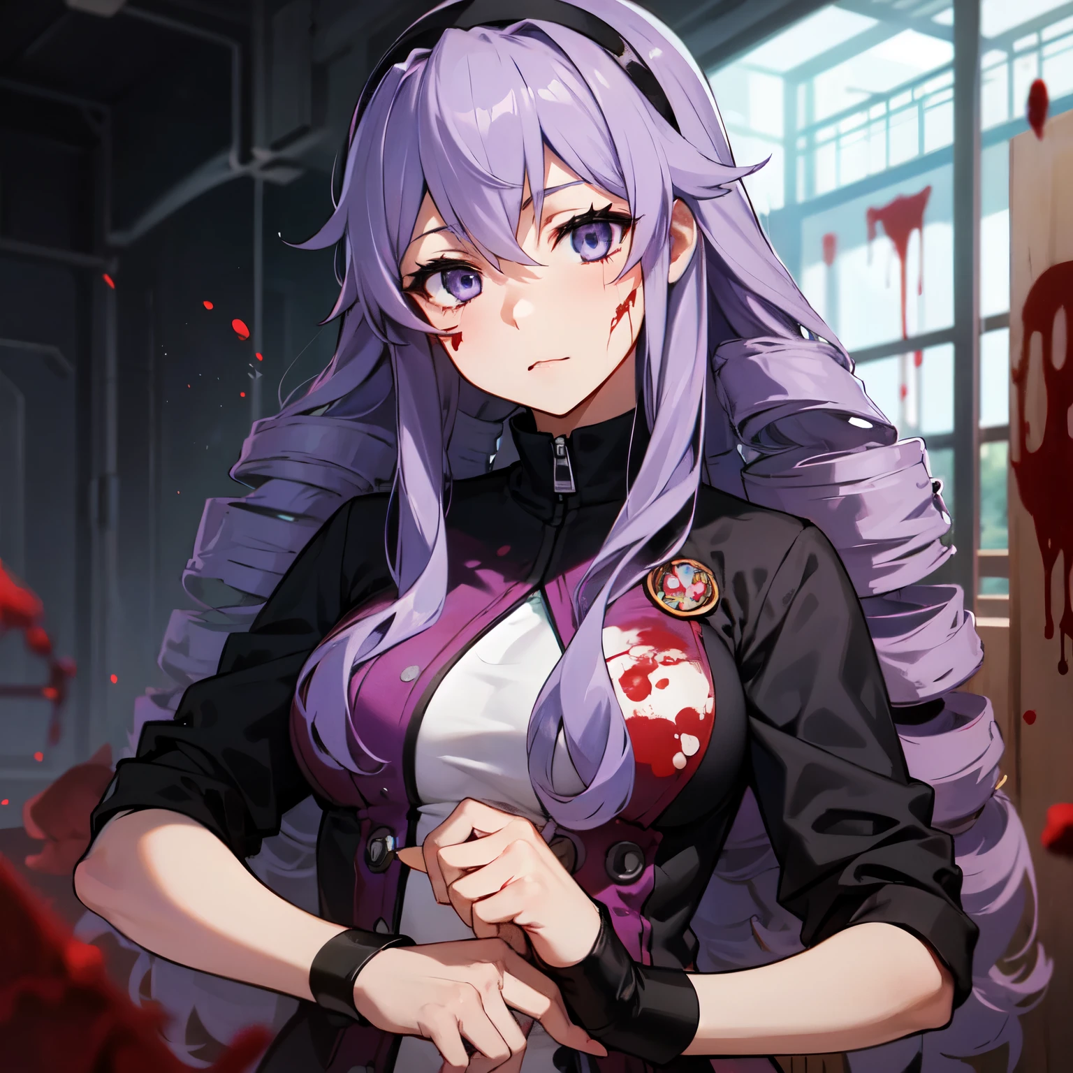 ((best quality)), ((masterpiece)), (detailed), 1 girl, blue_hair, blood, blood_on_clothes, blood_on_face, blood_on_hands, blood splatter, junko hokaze, purple eyes, purple hair, long hair, drill hair, , purple hair,