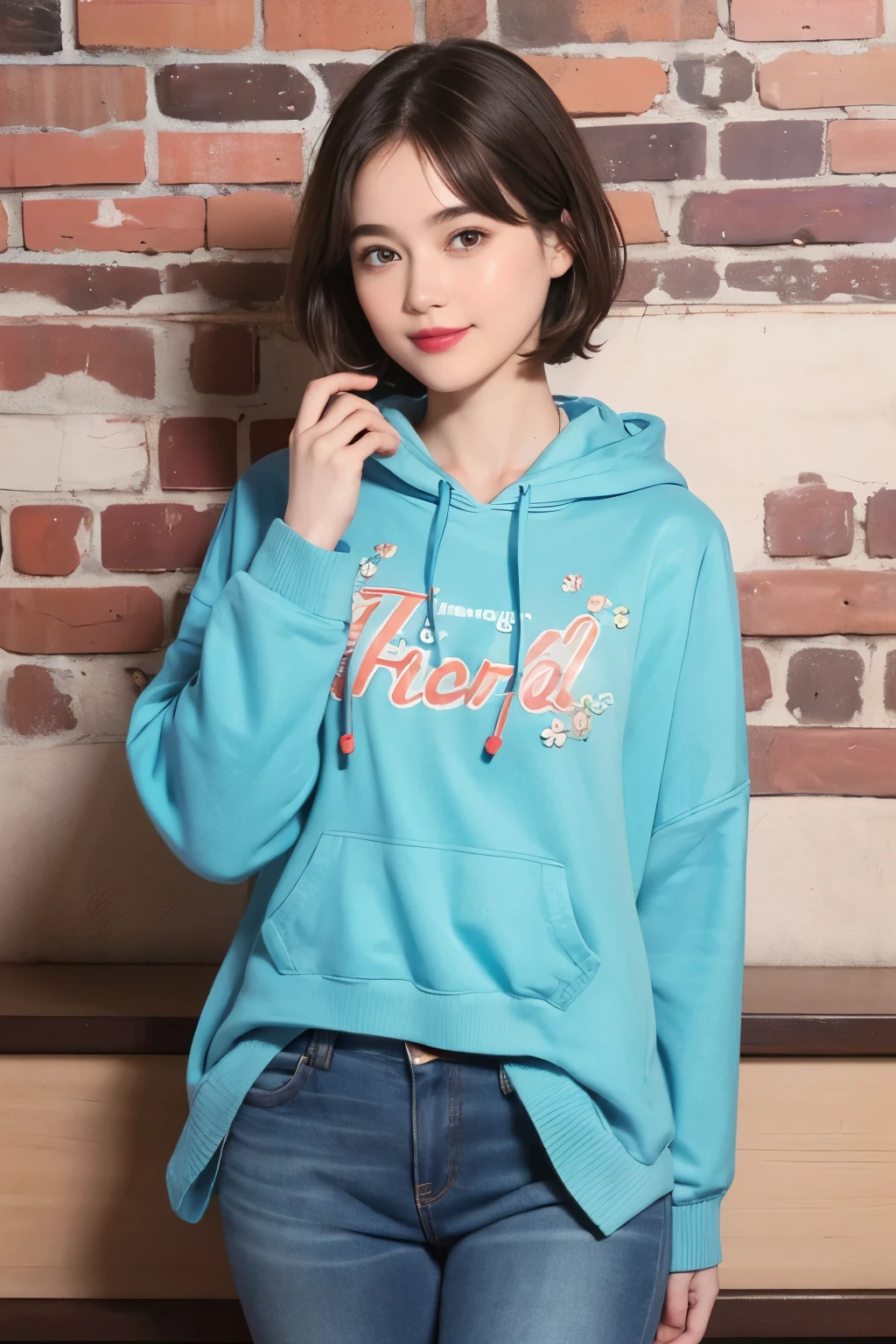 200 (snapdd00-Fp16), woman, floral hoodie, gentle smile, lipstick, short hair, Retro brick town, wearing jeans