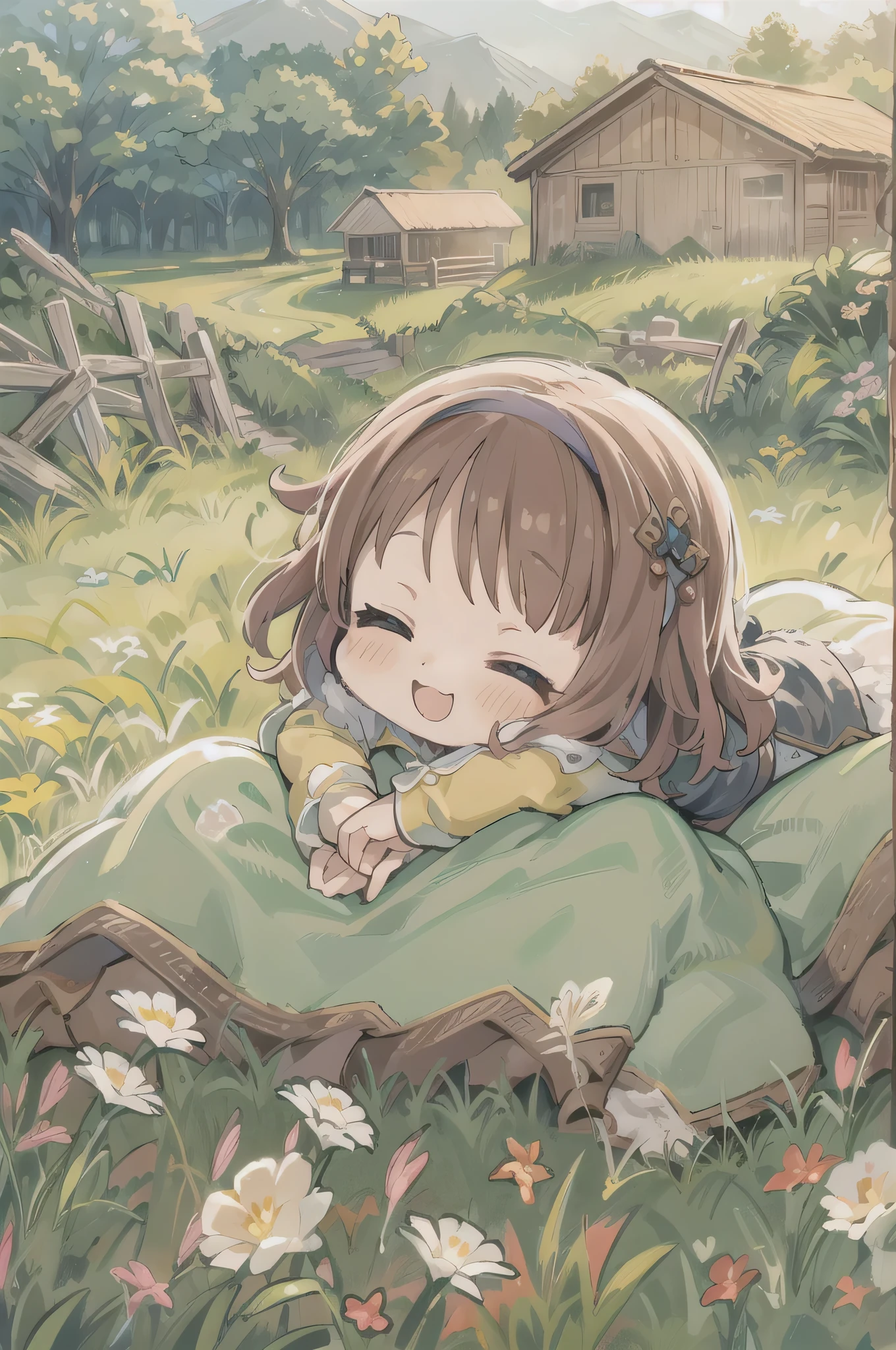 cute、8 year old girl、best smile、Chibi, beautiful anime scene, countryside landscape, Field Background, beautiful anime scenery, Beautiful peace scene in anime, agriculture、farmer、 Sleep with a happy face on the grass、Gentle breeze