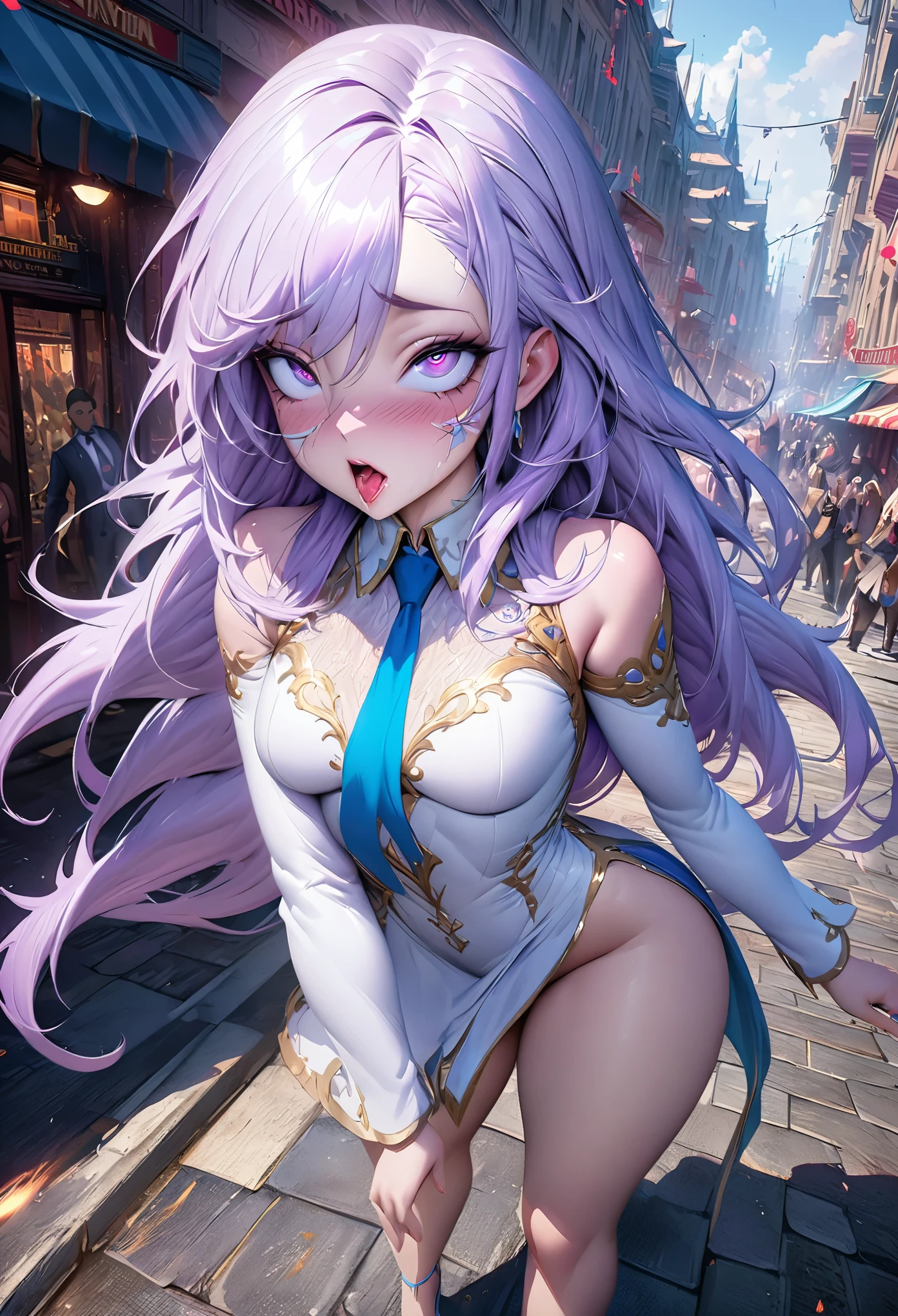 Anime girl with long hair and blue eyes standing on the city street, Hot Trends in ArtStation Pixiv, purple eyes, blue tie, Fair (exquisite eyes, Detailed face,) ahegao, Yuradev, Noble temperament, High heel, No watermark