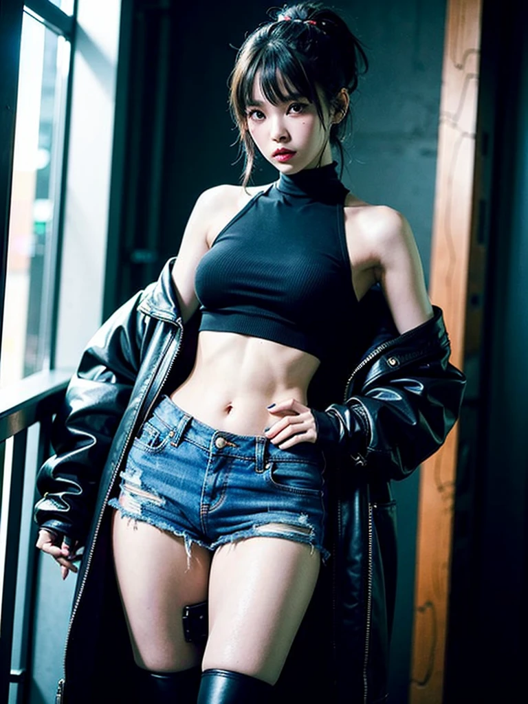 Woman wearing a black top and denim skirt posing for a photograph, Bodysuit Cyberpunk, IU Lee Ji Eun plays a super villain, cyberpunk fashion clothing, whole body shangxia, Jisoo is blackpink, usando streetwear cyberpunk, cyberpunk fashion clothing, cyberpunk costume, cyberpunk style clothing, cyberpunk clothes, cyborg fashion model, cyberpunk dress, Cyborg fashion photography