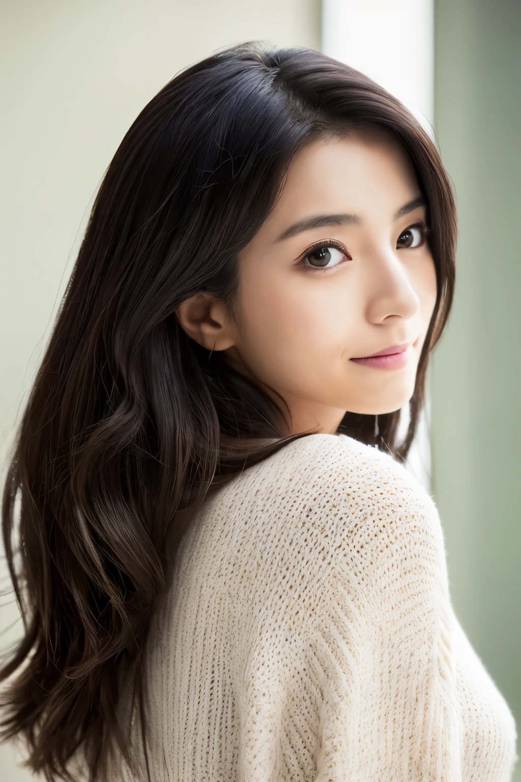 ((highest quality, 8K, masterpiece:1.3)), ultra high resolution, (photorealistic:1.4), raw photos, Skinny Japanese woman, age 30s, Cute face, (detailed face), (detailed eyes), (Highly detailed skin texture), black straight hair, photo from behind, actress, white blouse