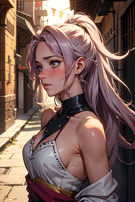 Medieval 19 year old princess, in alley, messy hair, sweating, blushing, revealed shoulder,