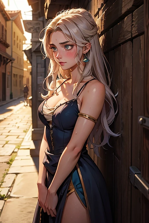 Medieval 19 year old princess, in alley, torn dress, messy hair, sweating, blushing, revealed shoulder,