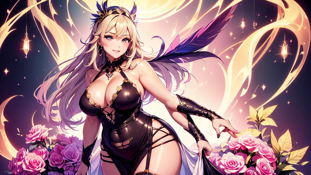 最高のmasterpiece、beautiful美しさ, 3D 2 dimensions, rich, blonde, skirt, stockings, high heels, star、(Highly detailed CG Unity 8K wallpaper),(masterpiece), (最high quality), (Super detailed), (best work),(best shadow), (sharp eyeliner, eye shadow, fine eye:1.1), (超High resolution,realistic,最high quality,realistic),(Raw photo,最high quality),mature woman、sensual curves、huge breasts、thighs, Super detailed, full body shot, mature woman, beautiful女性, enchanting smile, thick lips, Plumpした唇, blush, looking at the viewer, provocative expression, beautiful髪型, cleavage, Plump、curvy hips、attractive face、an inviting gaze、expression of emotions、(((erotic dress)))、Standing position、gorgeous accessories 、big breasted woman, golden hair, colored feather, metal ornaments, colored flowers, particle, light, (masterpiece, 最high quality, 最high quality, official art, beautiful and aesthetic:1.2), very detailed,(fractal art:1.1),(colorful:1.1)、(flowers:1.3),most detailed,(((Moderate exposure))), (dynamic pose), (abstract background:1.3), (shiny skin), (lots of colors :1.4),(earrings:1.4), (feather:1.4) Super detailed, 30~40 years, full body shot, beautiful 、various hairstyles,gold headband,plump breasts,beautiful butt,greek clothing,Tulle covers the chest,perfect balance, Costume Details Details,cinematic lighting, high detail, high quality, High resolution、openwork decoration,(((colorfulな最高級ドレス)))、(((解剖学的に正しいbody))) , 最high quality, Super detailed, raise your butt, cowboy shot, blush, (((1 girl))), (masterpiece:1.3), (High resolution), (8K), (very detailed), perfect face, Nice eye and face, (((最high quality))), (Super detailed), detailed face and eye, (alone), High resolution、beautifuleye,(((sexy pose)))、(((good shape big breasts)))、((beautiful eye))、luxury、(((超High resolution)))、(((detailed description)))、(((ぽっちゃりbody型)))、(((解剖学的構造に一致したbodyの部位)))、beautiful長いまつ毛、バランスのとれたbody型,The legs and arms are just the right size、Fishnet tights、glamorous、(((Clear white and black eye)))、lipstick、Sparkling、(Undistorted face, eye, body)、jewelry、gem、(長くカールしたbeautifulまつ毛)、(((バランス良いbeautiful胸)))、(transparent, Exquisite skin:1.2)、(((完璧なglamorousボディー)))、actress face、Super beautiful、cute smile、Healing beauty、flower shower、(((完璧なeye)))、realistic depiction、super sexy、shiny、glamorous、double eyelids、Excellent dark correction、(((ぼやけていないeye)))、(((Plump face)))、cute face 、(((shiny輝く肌))) 、(((gorgeous long dress)))