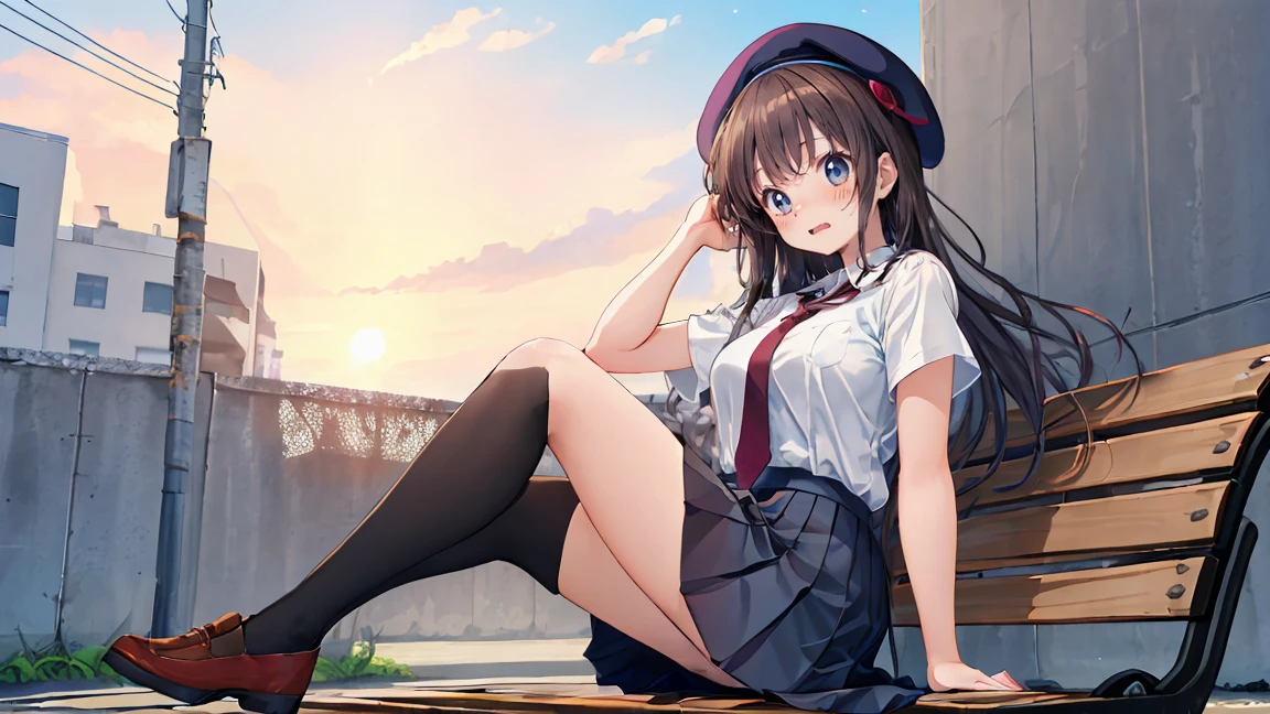 (masterpiece, best_quality), extremely_detailed_CG, woman posing for a photo, shy smile, Happy, long hair, straight hair, fine skin, beautiful hands, beautiful fingers, Wearing a beret, tie, short sleeve blouse, pleated skirt, thighs, Absolute area, knee socks, during the day, hot summer day, School, schoolyard, sitting on the bench, Canned juiceを持っている, Natural light, detailed face:1.2, sharp focus, Hasselblad Photos, masterpiece, light makeup, cinematic lighting, 4k, highest quality, sharpness, anime style, whole body, Canned juice, 