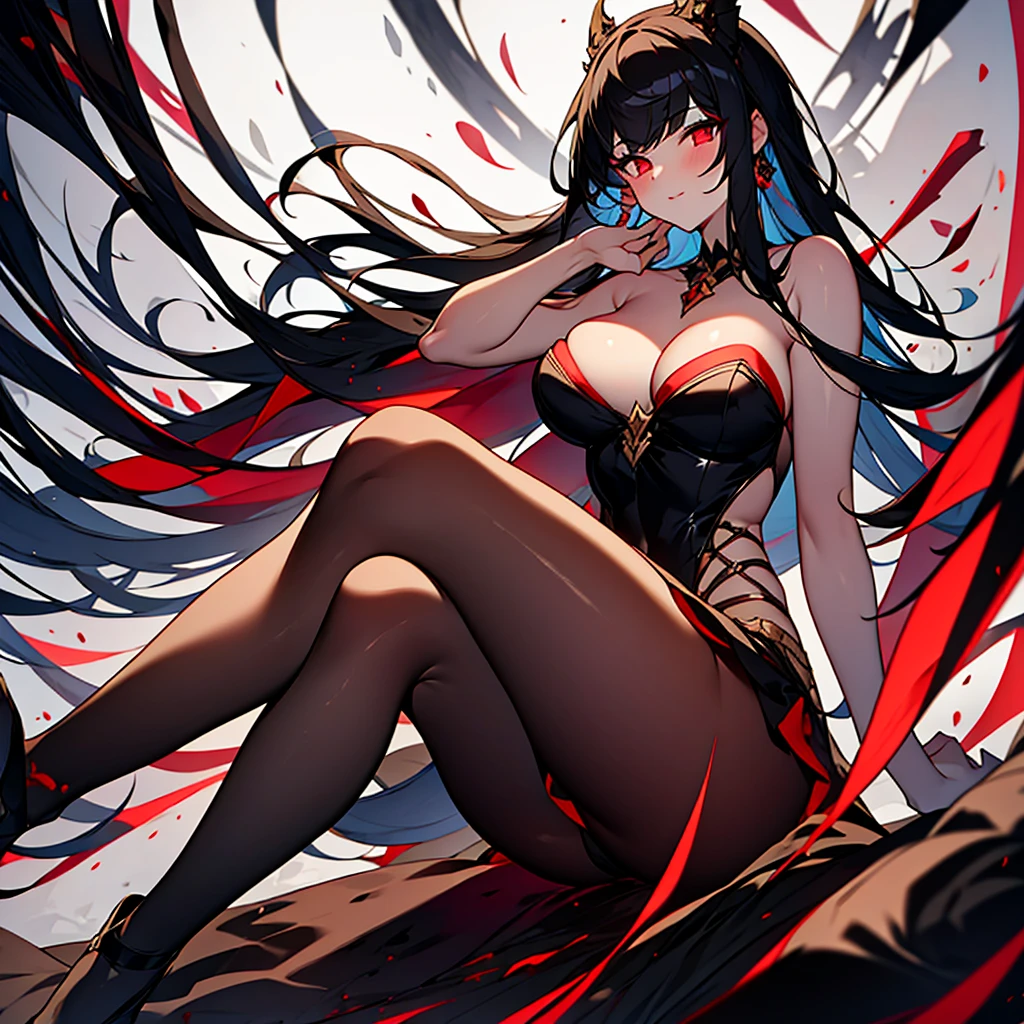 1girl, solo ,masterpiece,highest quality,long eyelashes,slanted eyes,Pubic lines,black pantyhose,Fair skin, Witch-like red eyes and black hair,nordic face,,red lipstick,model,thin,forget,sitting,crossed legs,only,black dress,looking at the viewer,king of monsters,Skull on the ground,Skeletons Scatter