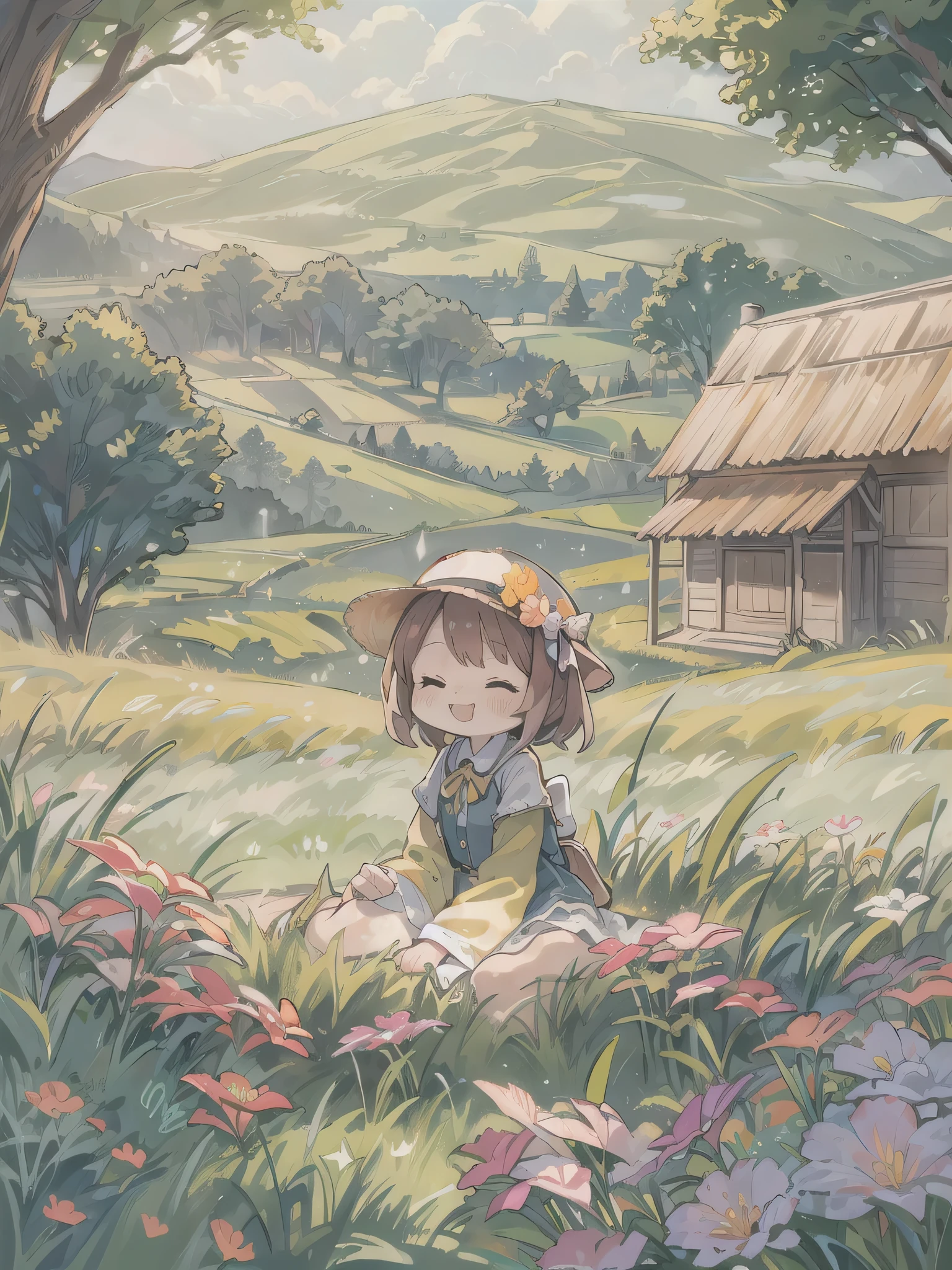 cute、8 year old girl、best smile、Chibi, beautiful anime scene, countryside landscape, Field Background, beautiful anime scenery, Beautiful peace scene in anime, agriculture、farmer、 Sleep with a happy face on the grass、Gentle breeze