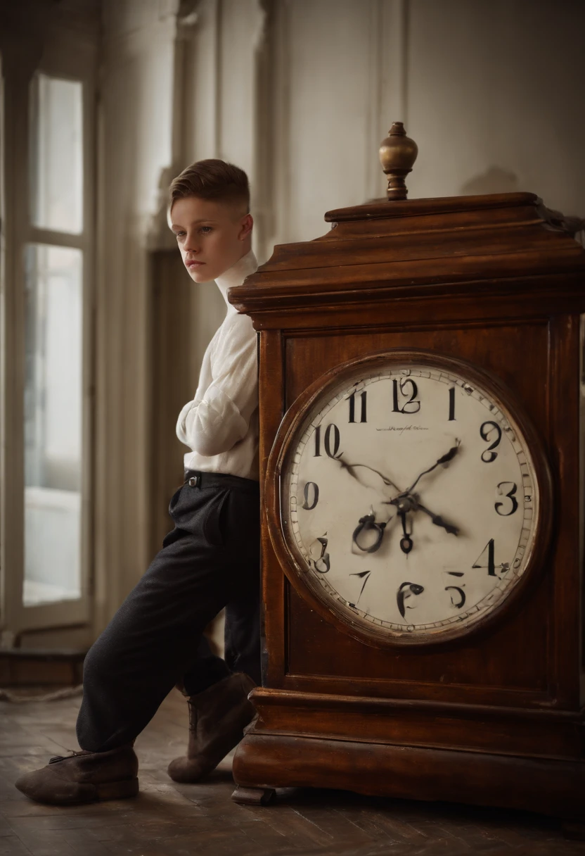 Beautiful 14 year old boy wearing glasses white turtleneck sweater dress pants next to an old fireplace and clock above it