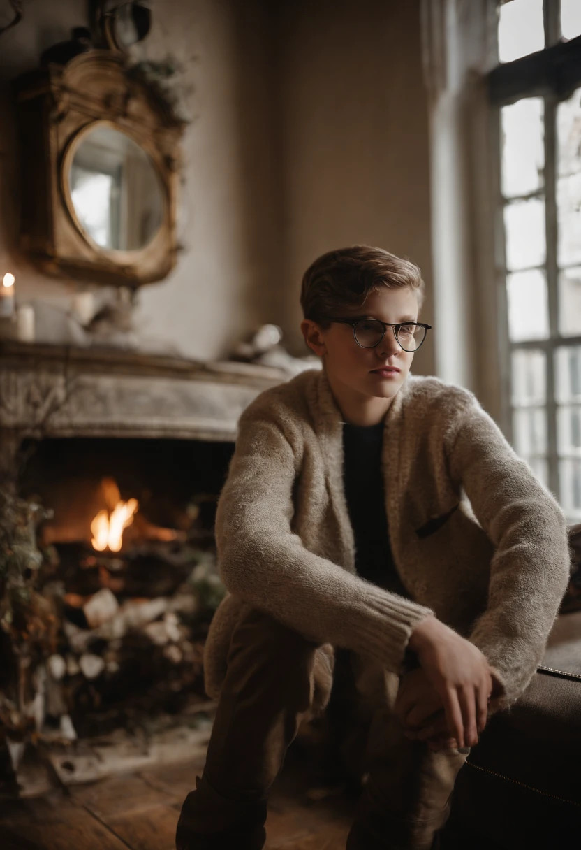 Beautiful 14 year old boy wearing glasses white turtleneck sweater dress pants next to an old fireplace and clock above it