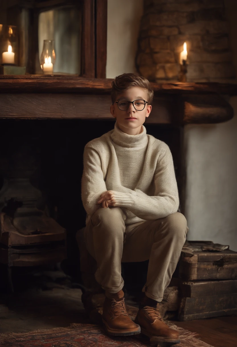 Beautiful boy wearing glasses white turtleneck sweater dress pants next to an old fireplace and clock above it