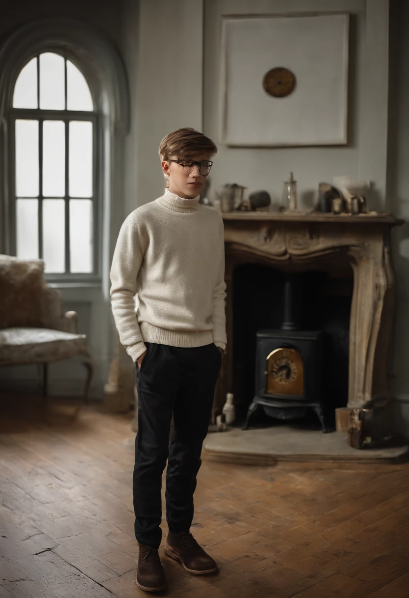 Beautiful 14 year old boy wearing glasses white turtleneck sweater dress pants next to an old fireplace and clock above it