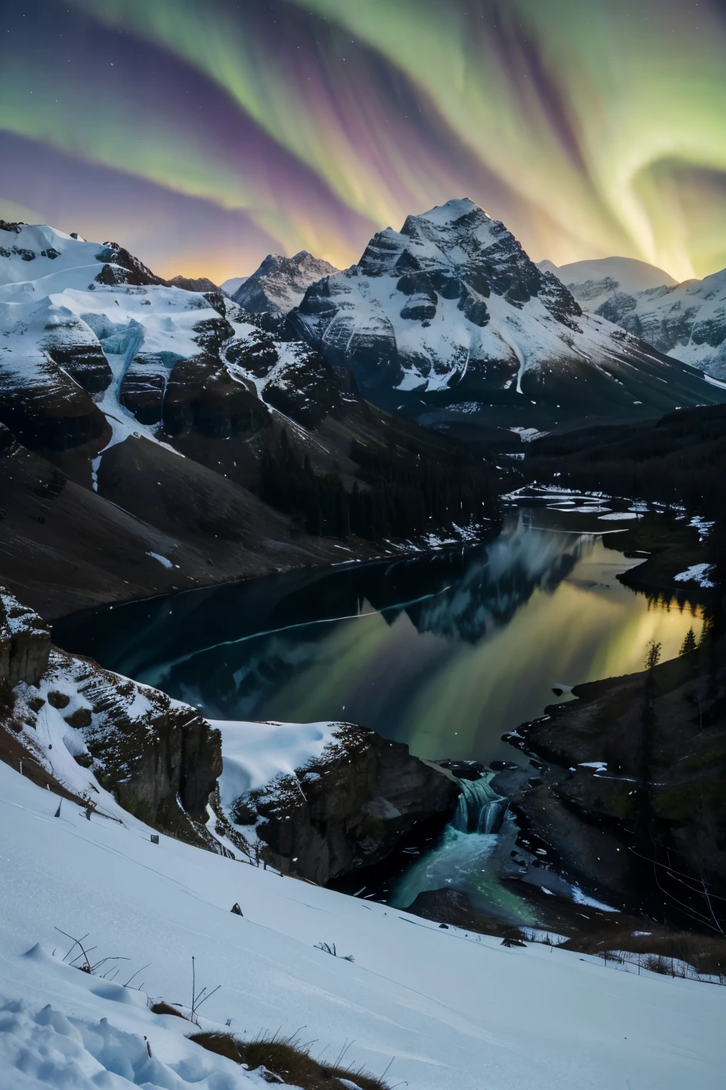 High in the snow-capped peaks of a majestic mountain range lies a hidden waterfall unlike any other. Fed by glacial meltwater, the Aurora Falls cascades down the rocky cliffs in a series of graceful tiers, each illuminated by the dancing colors of the aurora borealis. As night falls, the sky above comes alive with ribbons of vibrant light, painting the landscape below in hues of green, purple, and blue. The waterfall itself seems to come alive, its crystalline waters refracting the auroras above, creating a mesmerizing display of color and motion. Surrounding the falls, a lush alpine meadow blooms with an array of wildflowers, their delicate petals swaying in the cool mountain breeze. Here, amidst the splendor of nature's light show, one can't help but feel a profound sense of wonder and awe.