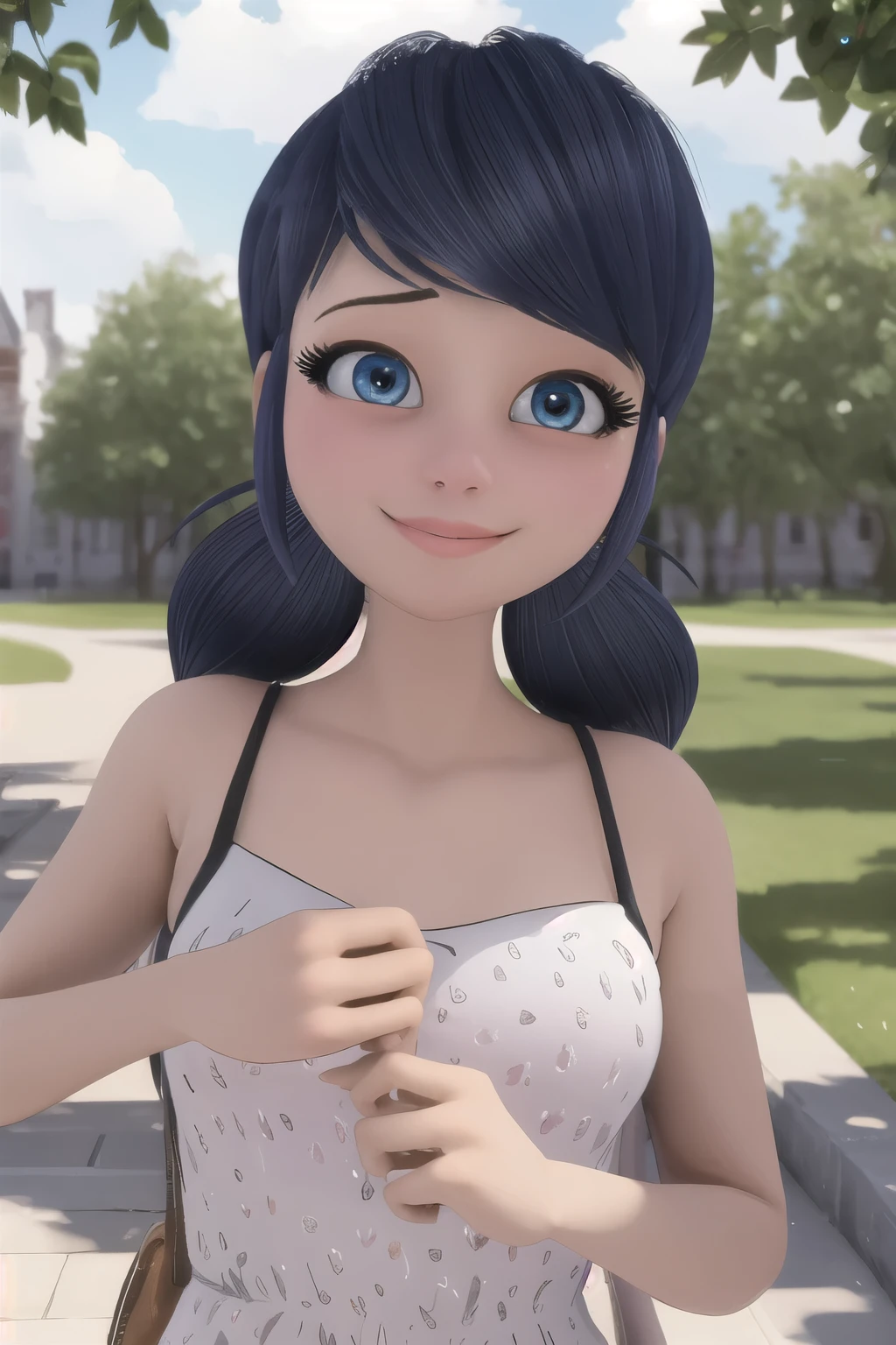 (8K, foto cruda, Mejor calidad, obra maestra:1.2), (Detalles intrincados), Ojos perfectos, cara perfecta, perfect lighting, Hermoso, (obra maestra:1.2), (Mejor calidad:1.2), 1 chica, solo, marinette, pelo azul, colas de caballo, cuerpo completo, completamente desnuda